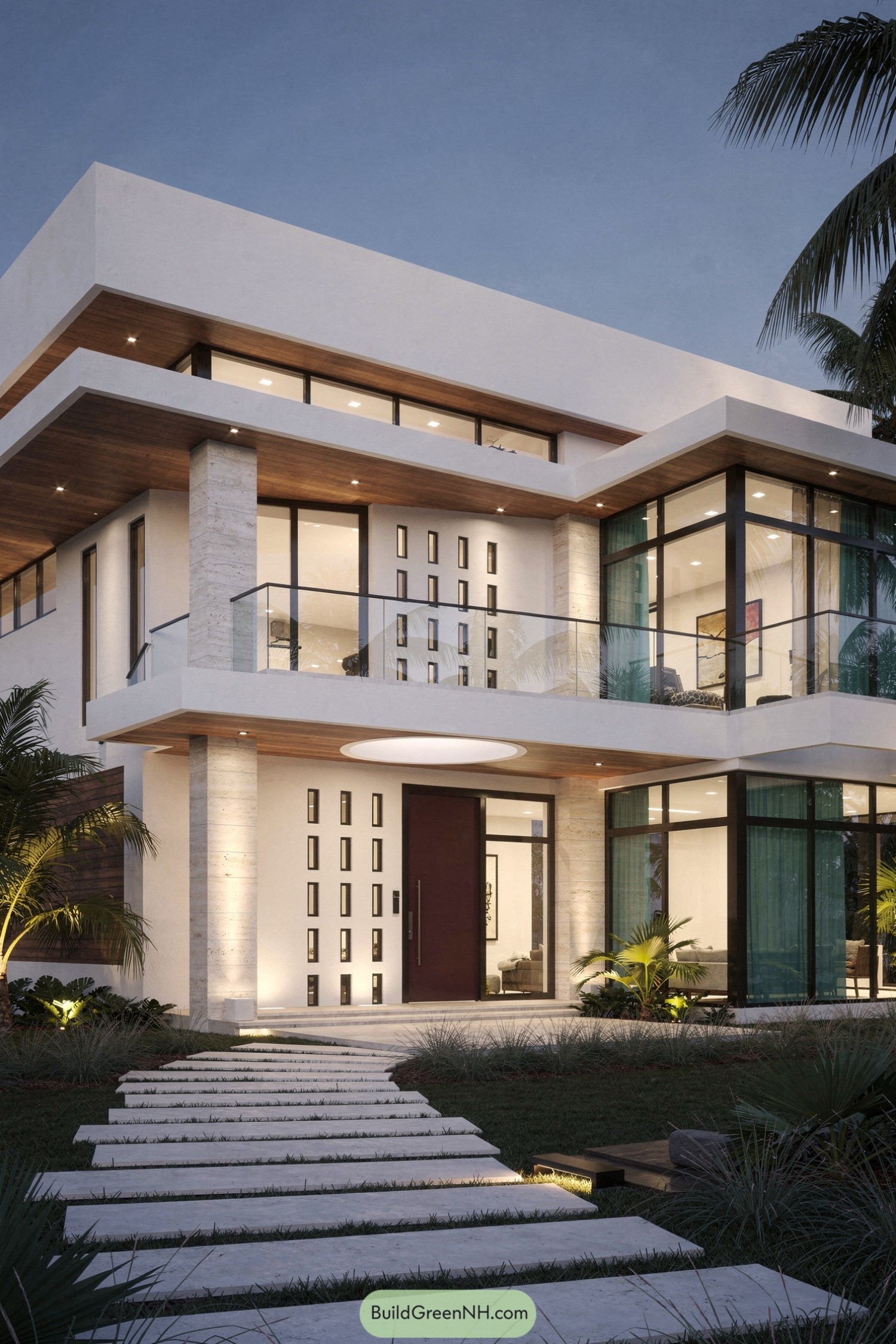 Modern two-story Florida house with flat roofs and expansive glass walls at dusk