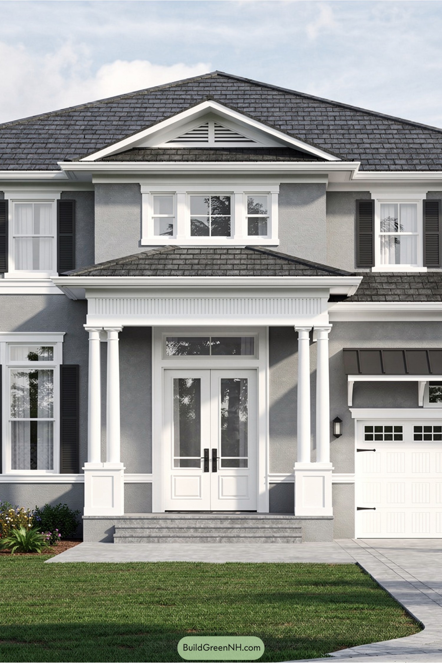 Gray two-story home with white columned entry