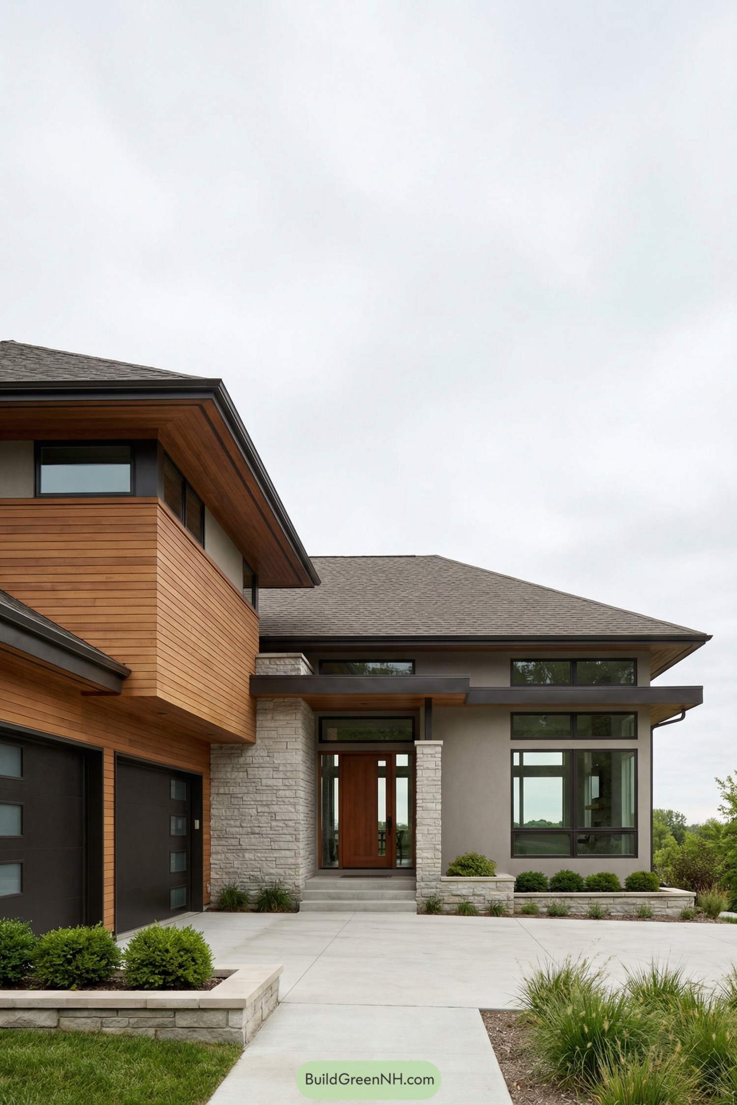 Modern prairie house with wood cladding stone accents and large windows