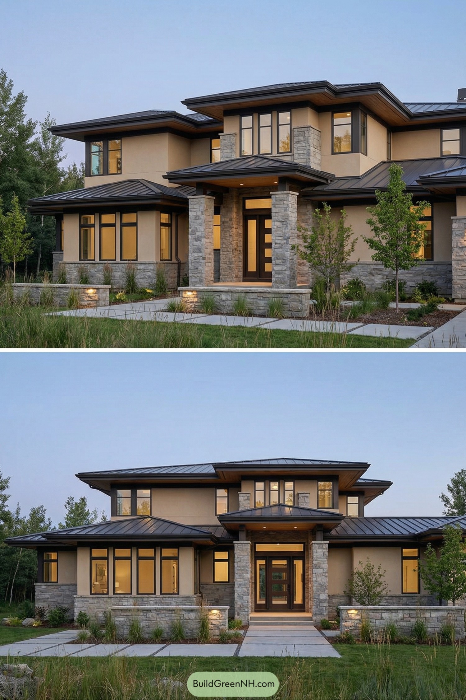 Two views of a modern prairie style house with layered low rooflines, stone pillars, and large windows at dusk