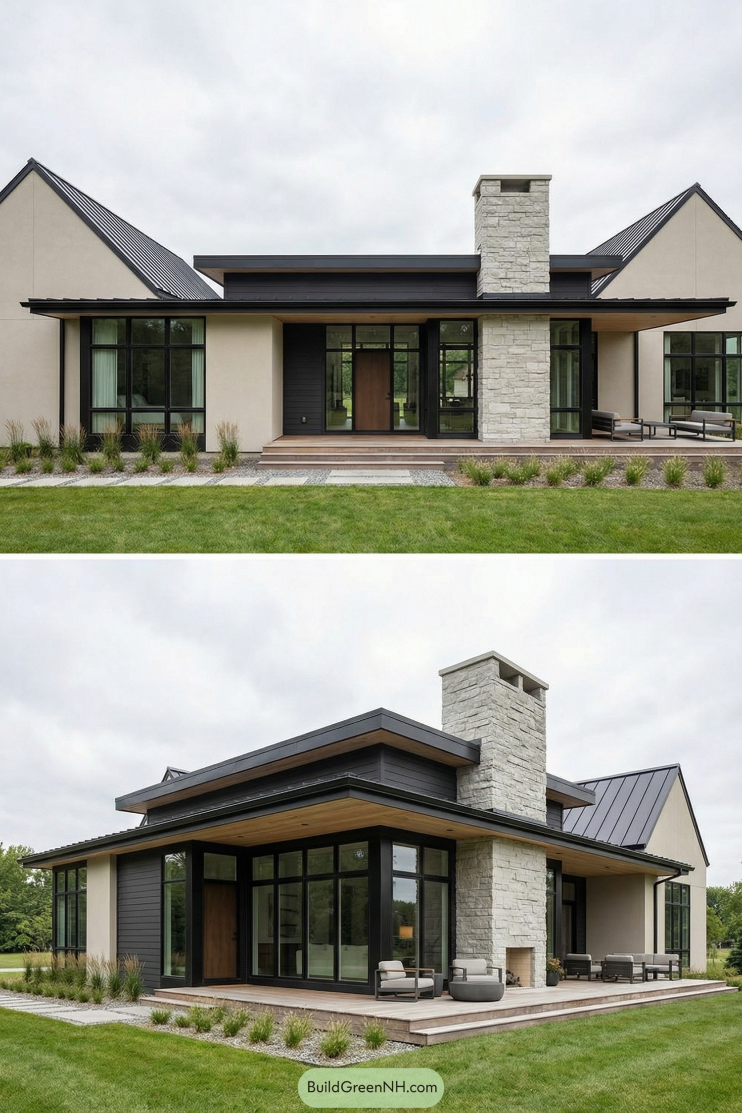 Single story modern prairie house with large windows and stone chimney