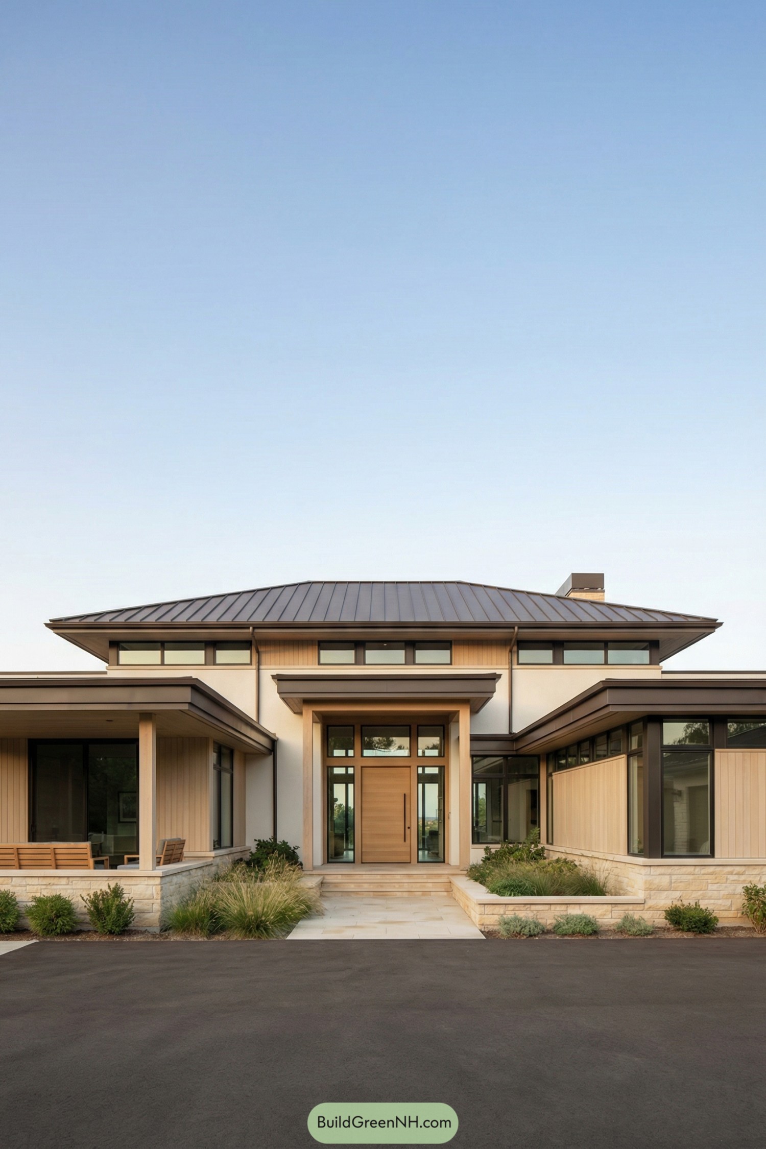 Warm contemporary prairie home with low metal roof and expansive glass entry
