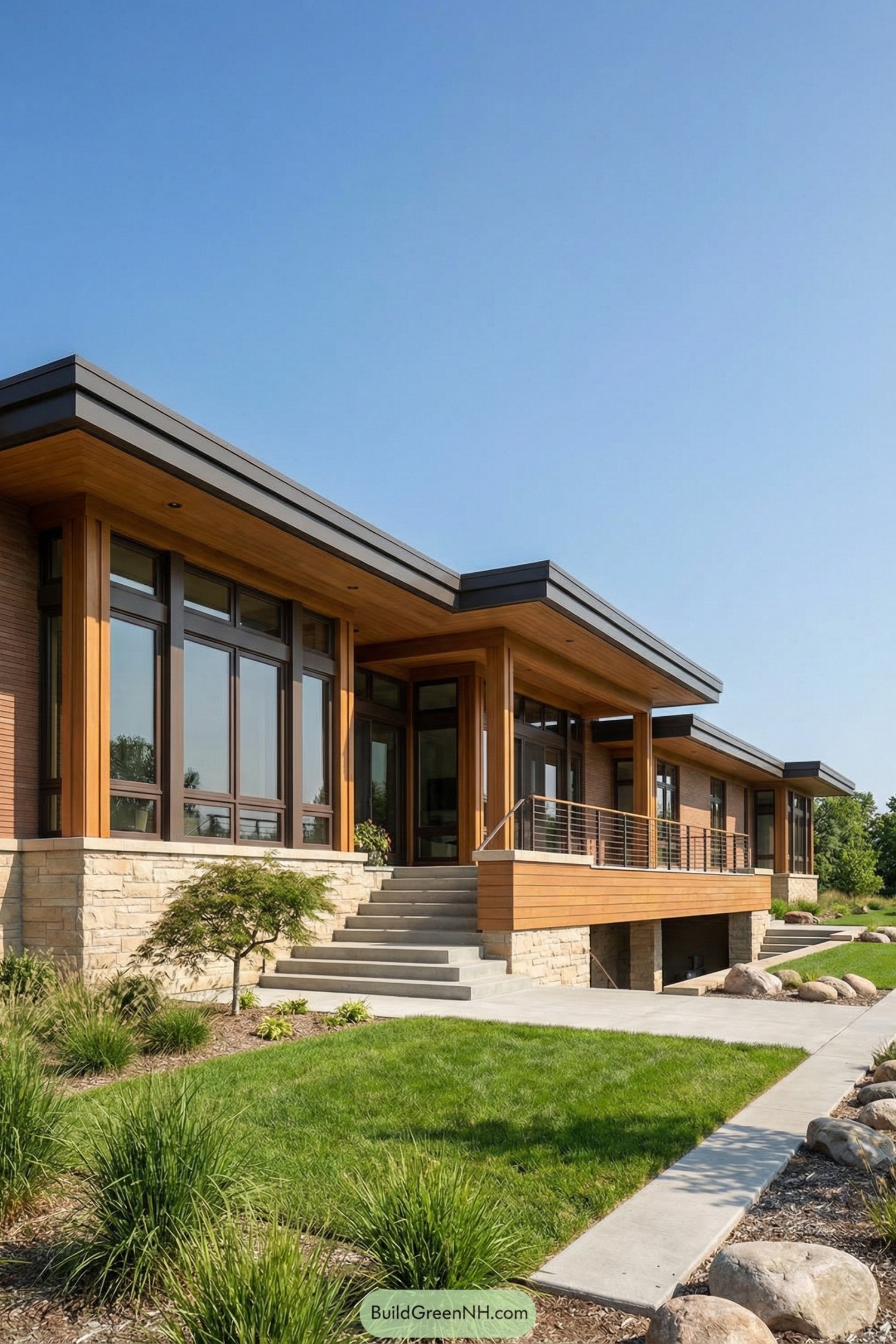 architecture design of Organic Modern Prairie House, facade and style: low horizontal rectilinear elevation, strong prairie horizontality, deep continuous roof overhangs, exposed vertical posts, elevated front terrace with simple linear wooden railing, naturalistic landscaped foreground with grasses and stones; colors: warm earth tones, light tan stone base, reddish-brown brick cladding, medium warm wood accents, dark bronze-brown window and door frames, dark charcoal roof edging, vibrant green lawn; shape of the structure: elongated single-story massing with partially exposed lower level beneath central terrace, clean geometric lines, slightly projecting terrace zone, subtle L-shaped composition; materials: coursed ashlar stone for the lower walls and plinth, smooth horizontal brick for upper walls, stained wood posts and soffits, metal fascia and railing details, poured concrete steps and walkways; roofing: low-slope flat or very shallow shed roofs, thin dark edge profile, wide eaves emphasizing horizontality; windows style: large floor-to-ceiling glass panels in long horizontal bands, narrow vertical mullions, dark-framed fixed panes with integrated operable casements, occasional corner glazing; door style: full-height glazed entry door matching window system, dark minimal frame, sliding glass doors onto the terrace, understated modern hardware; site elements: broad concrete front steps, linear path, manicured lawn, clumps of ornamental grasses, small sculptural tree, scattered smooth boulders. single photo, high-resolution, architectural photography.
