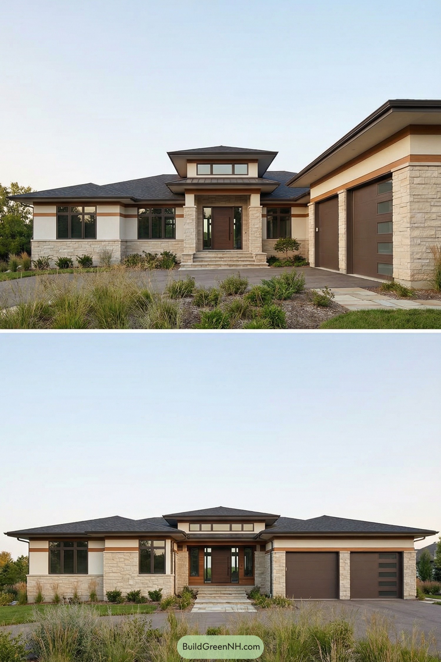 Single story prairie style home with low rooflines stone and wood accents and attached three car garage