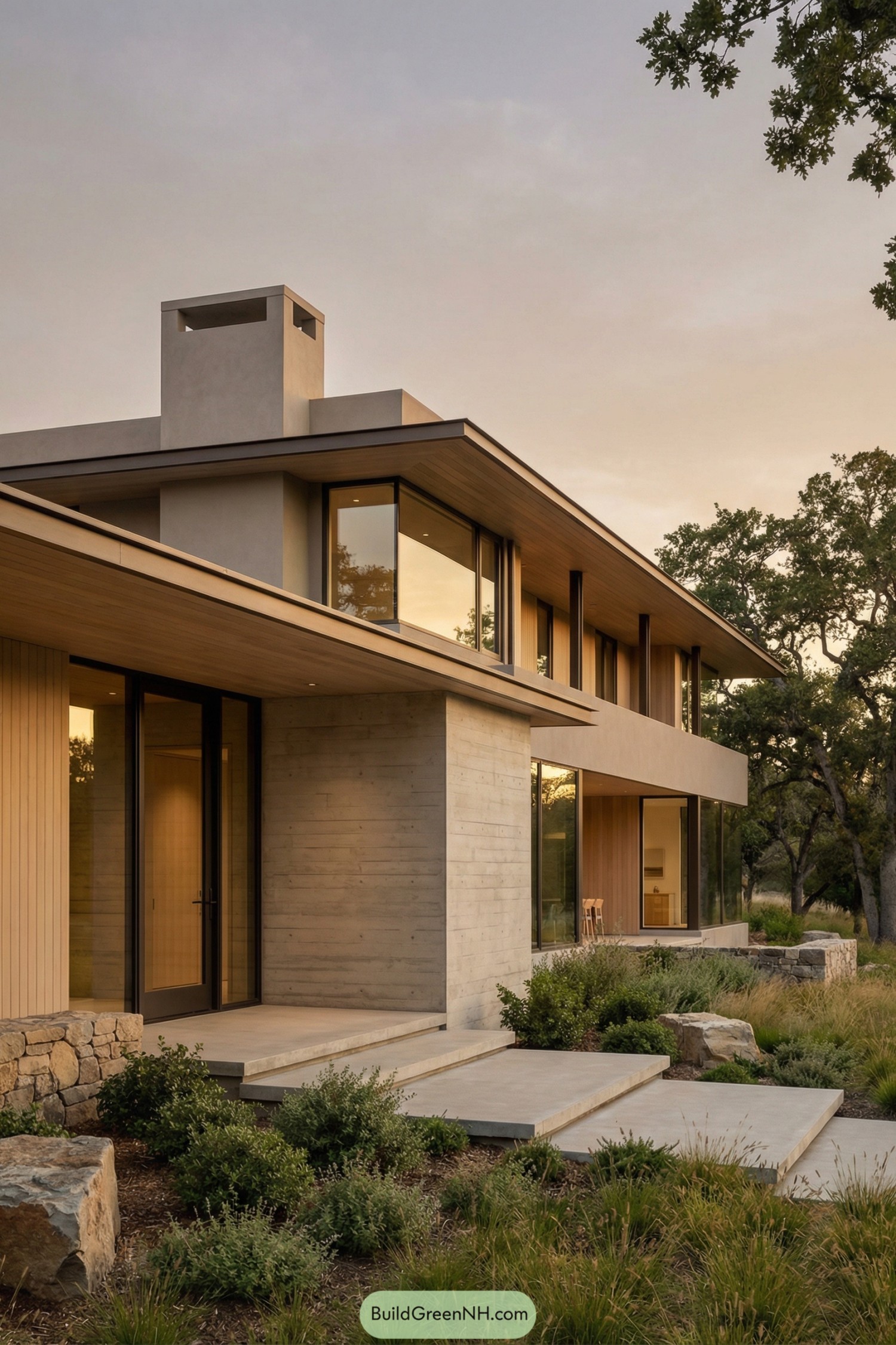 Warm modern prairie home with flat roof wide overhangs and large glass walls at sunset