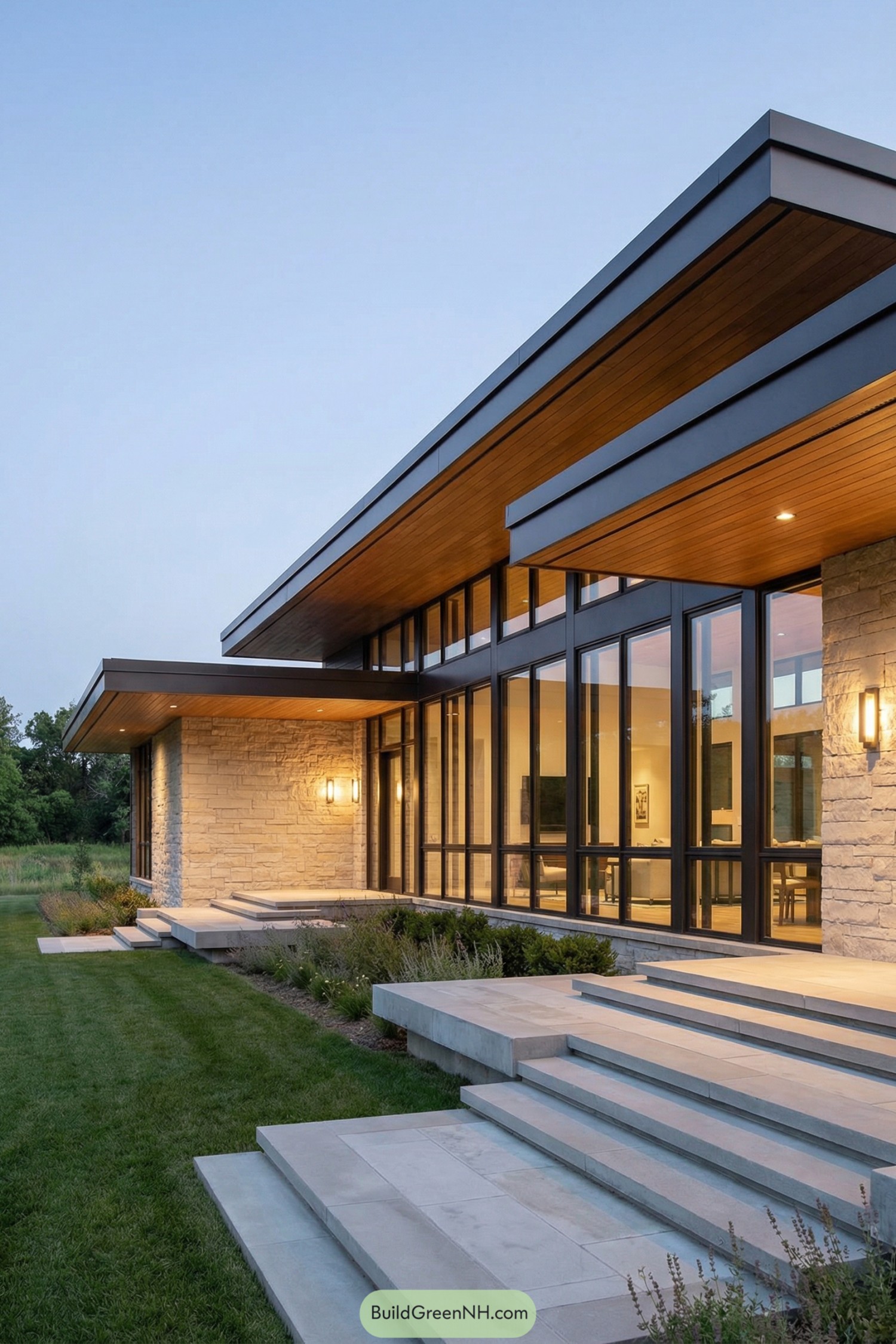 Low stone prairie house with long overhangs and tall glass walls at dusk