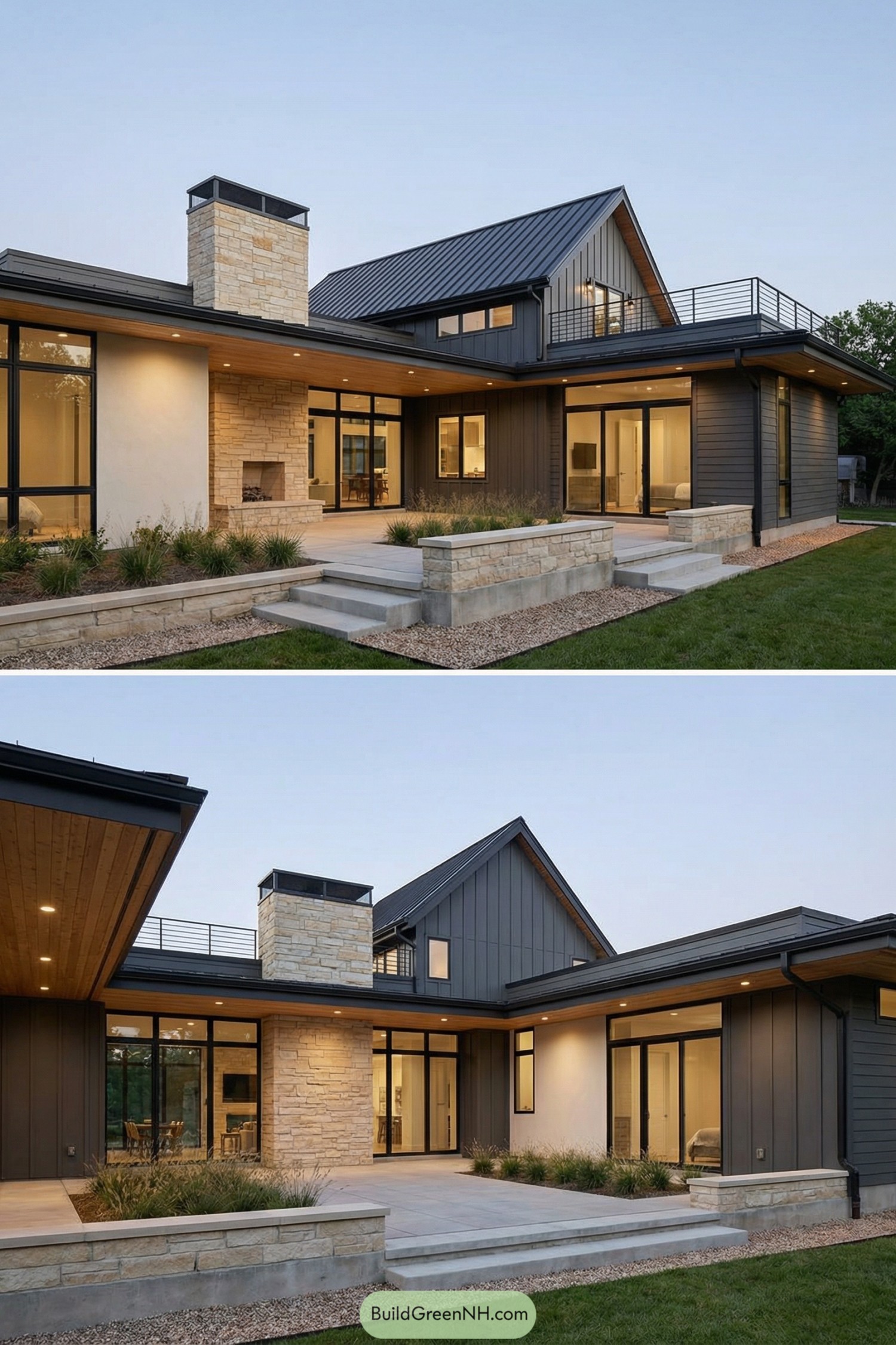 Modern prairie home with dark siding tall gabled roof and stone chimney wrapping a spacious patio