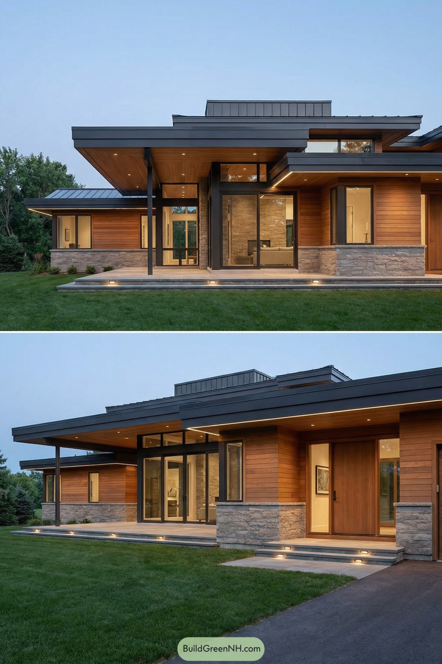 Modern prairie home with low layered rooflines wood and stone exterior and large glass walls overlooking a lawn