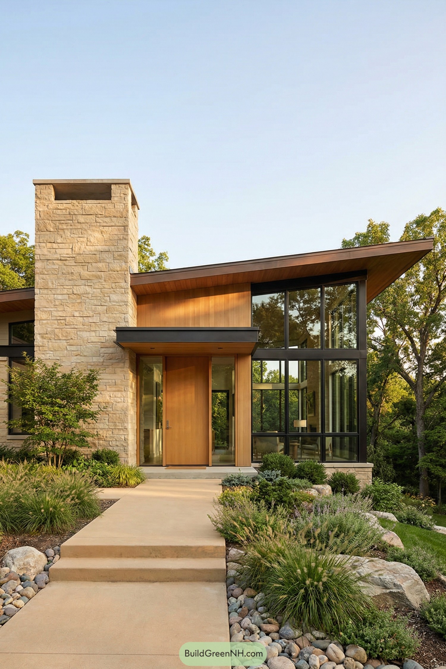 Warm stone and wood prairie home with tall glass walls and native landscaping along the entry path