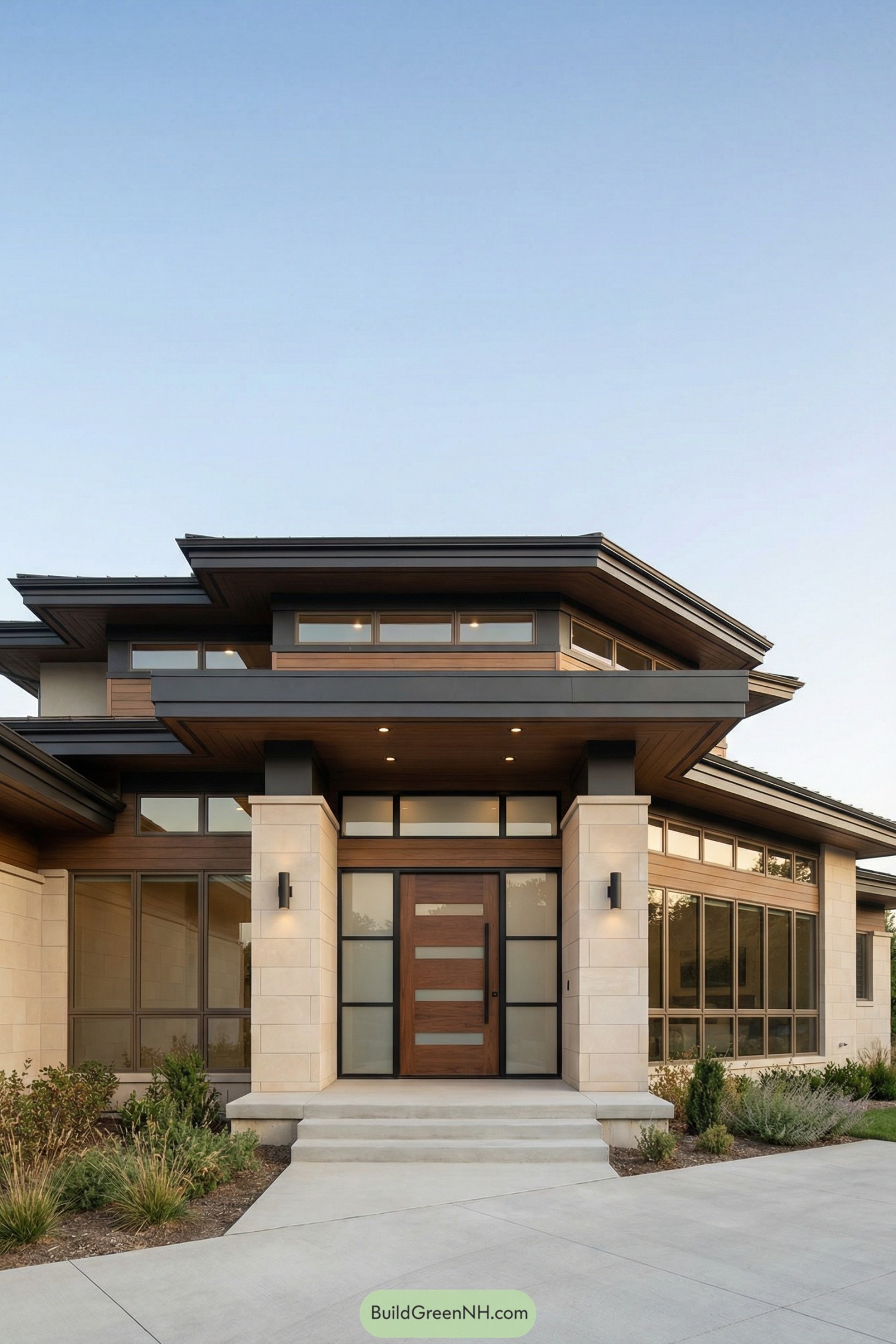 Contemporary prairie style house with layered flat roofs wide overhangs and a wood and glass entry