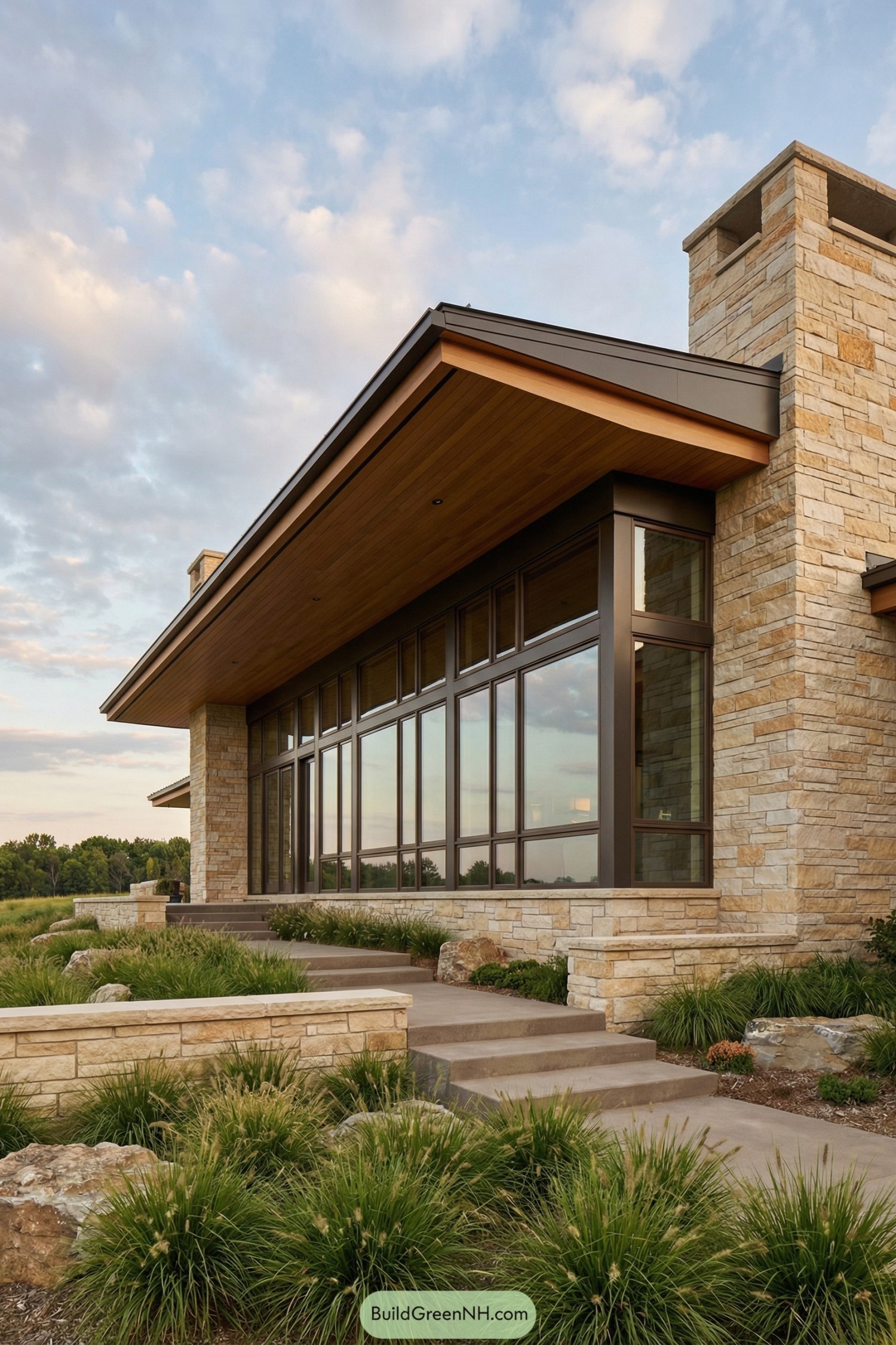 Stone and glass prairie house with broad overhang and native landscaping