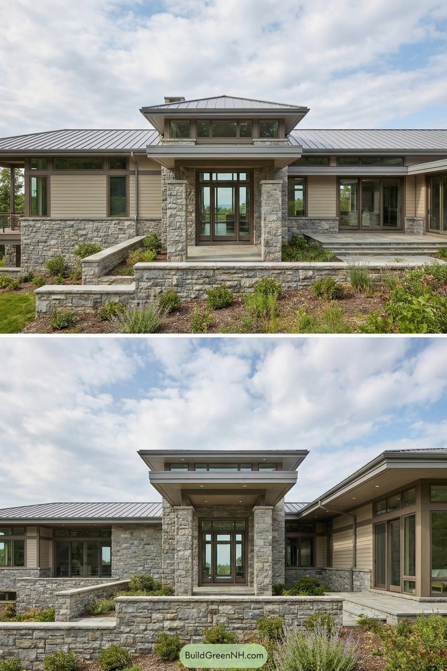 Modern prairie home with stone entry tower