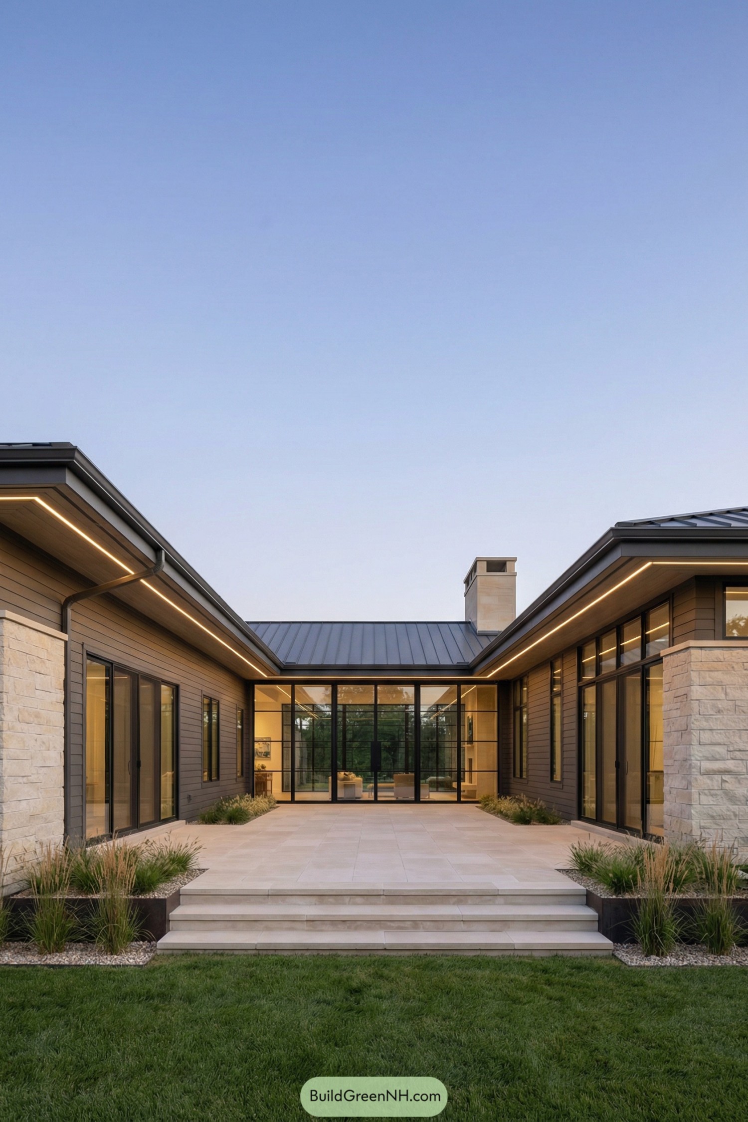 Modern courtyard home with glass walls and warm lighting
