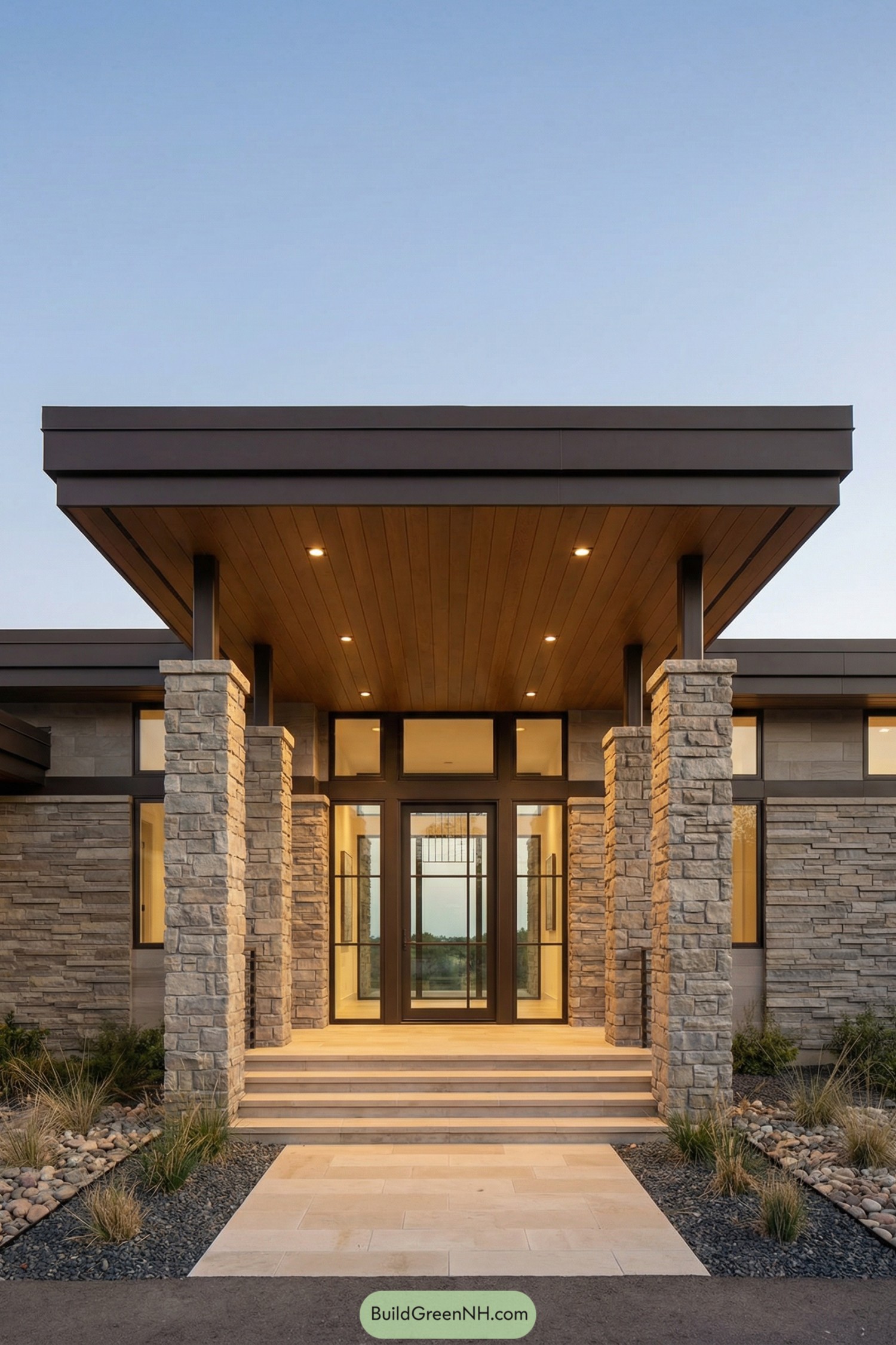 Modern prairie home with stone pillars and wide covered entry