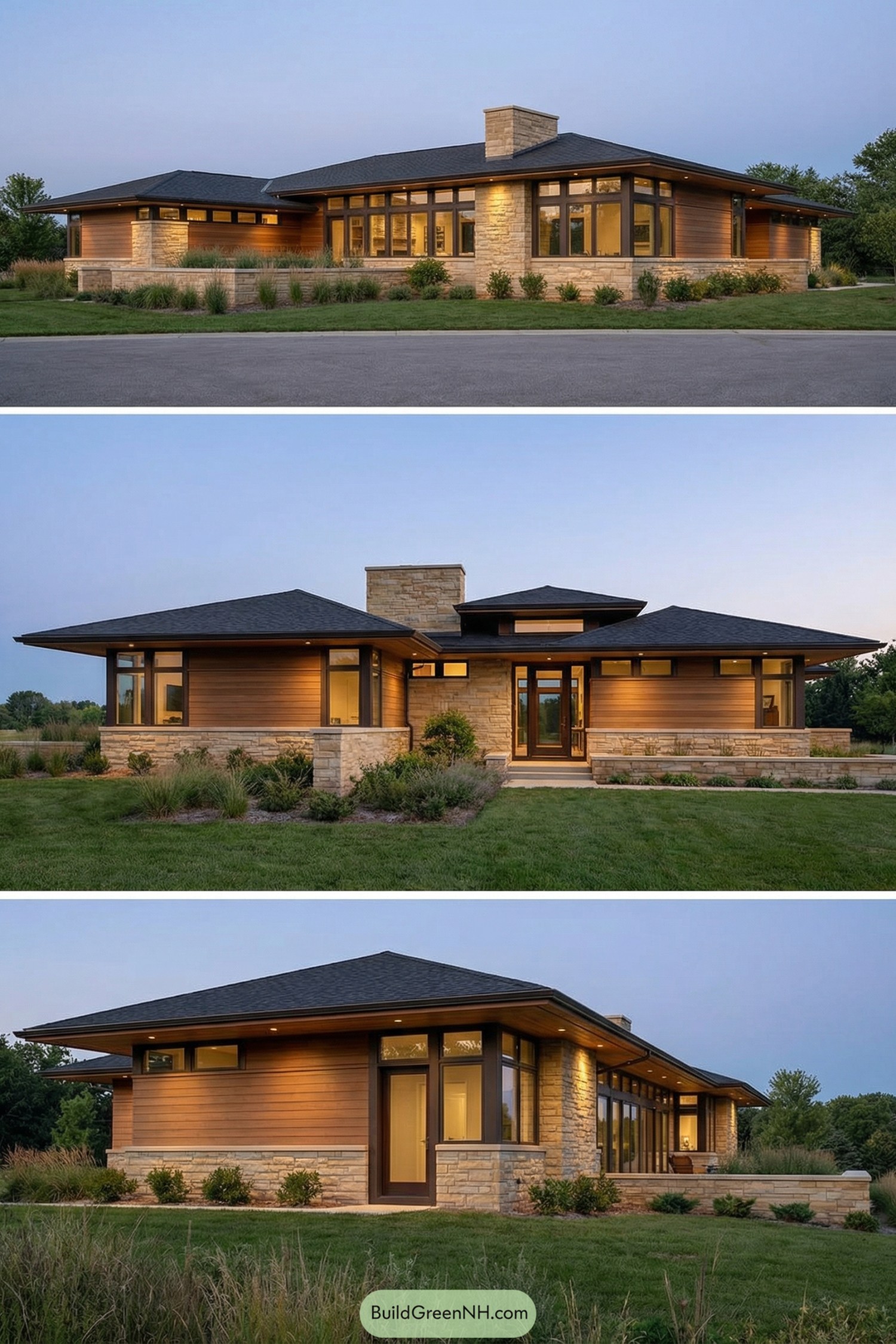 Low modern prairie style home with wide eaves warm wood siding and stone accents