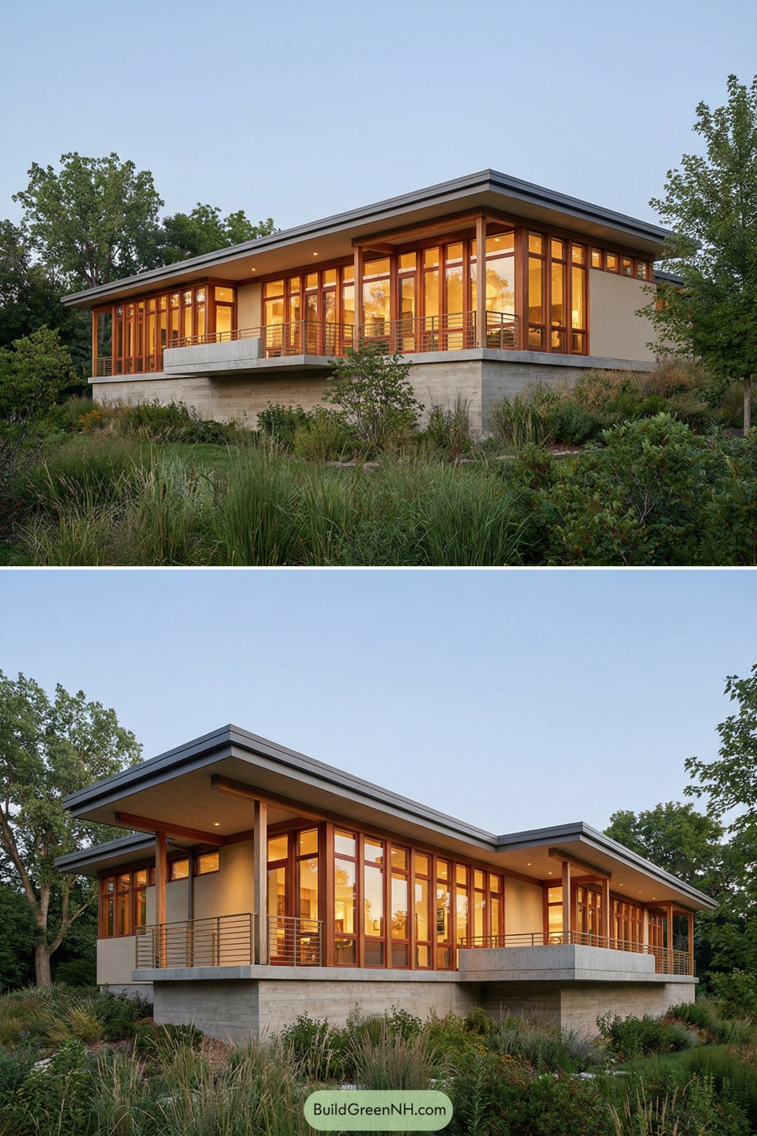 Modern prairie house with warm wood-framed glass walls on a raised concrete base surrounded by natural landscaping