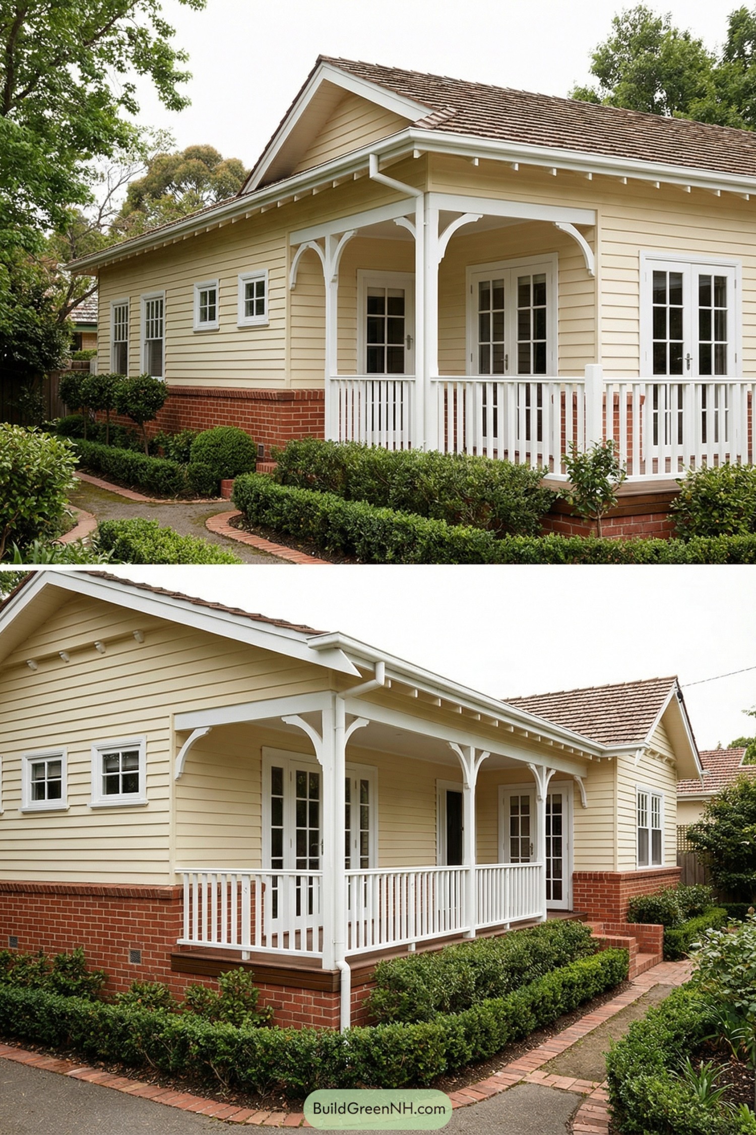 Creamy clapboard cottage with white wraparound porch, brick base, and trimmed hedges