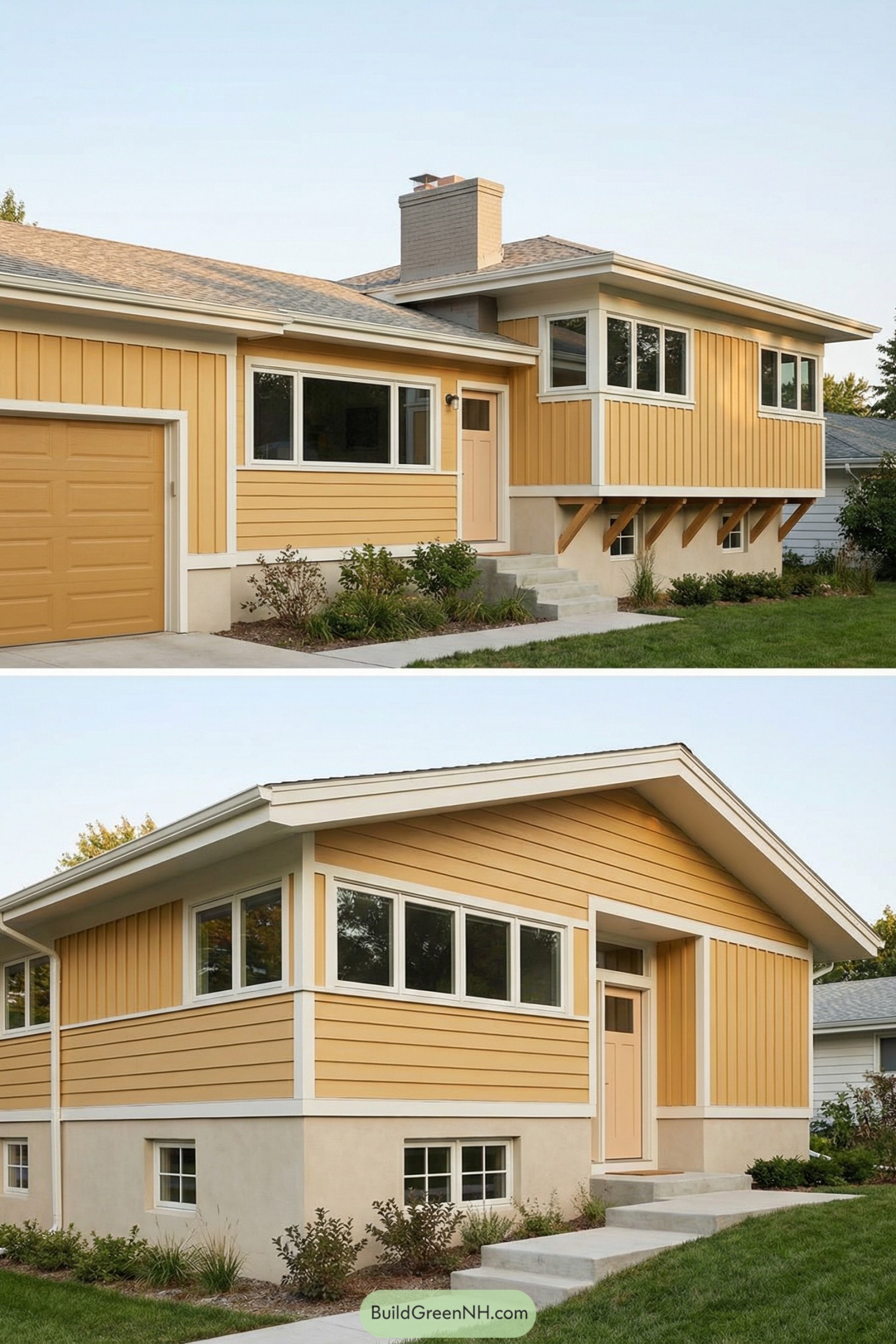 Yellow split-level home with cream trim and large windows