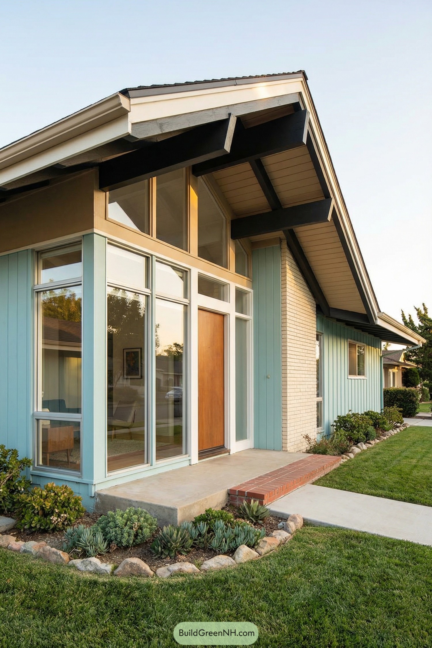 Midcentury style home with tall windows and aqua siding