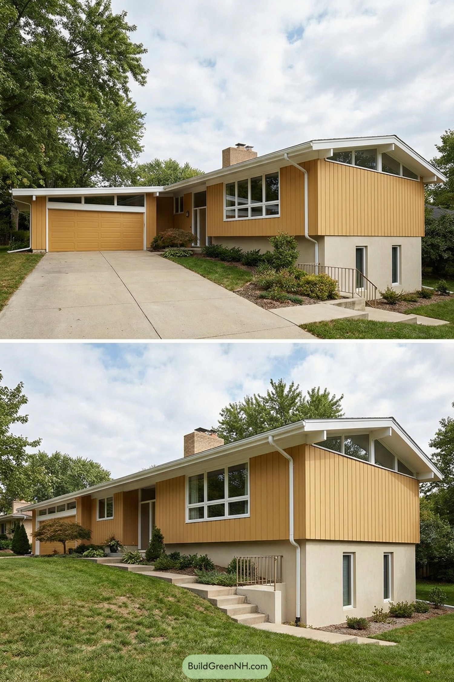 Warm yellow split-level house with white trim and large windows on a sloped suburban lot