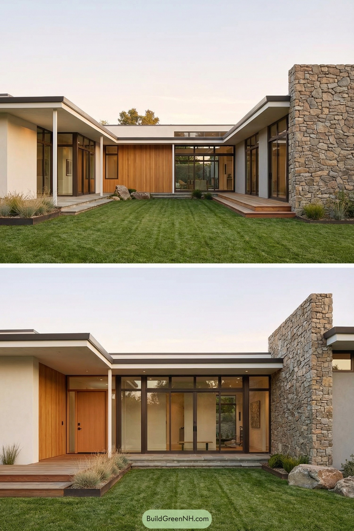 Single story courtyard home with wood siding stone wall and large glass doors opening to a green lawn