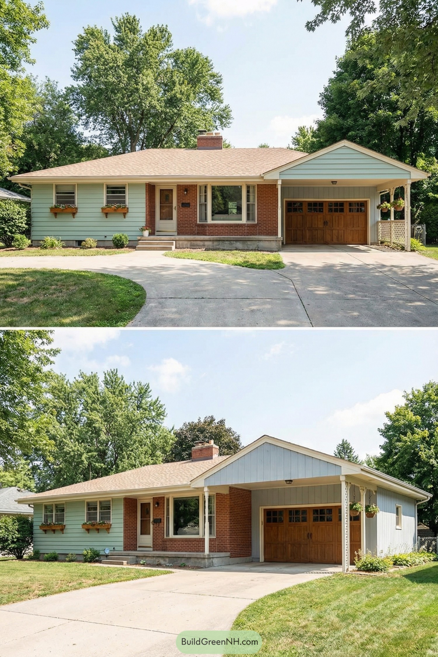 Updated midcentury ranch with refreshed siding, gabled carport, and wood garage door