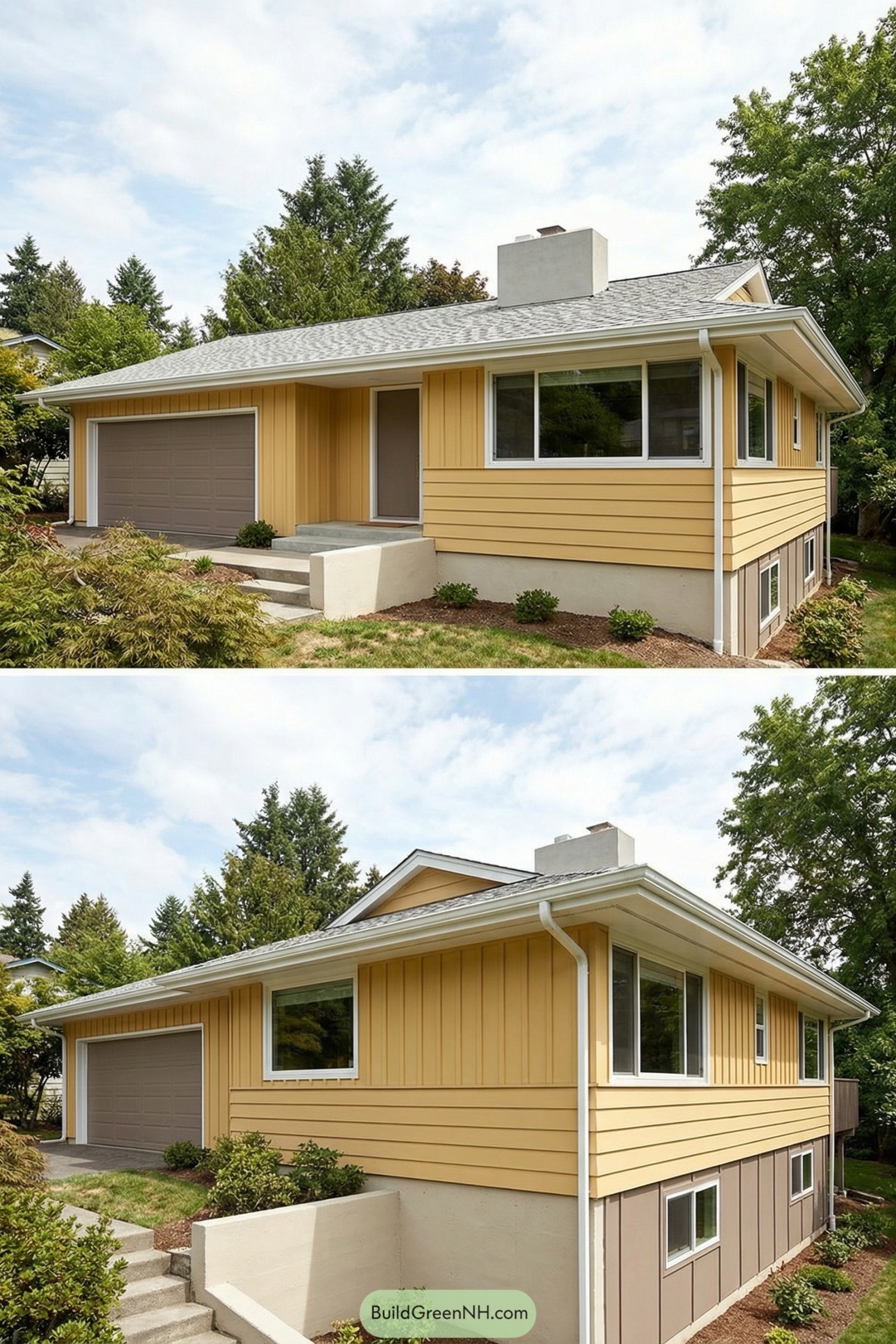 Yellow and tan split-level home exterior with attached two-car garage and large corner windows