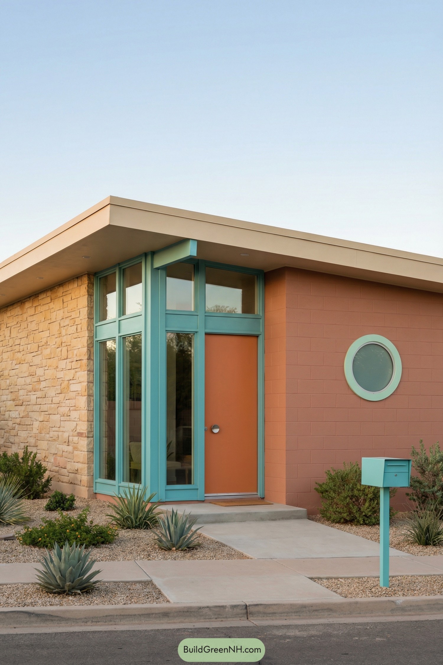 Midcentury-inspired desert house with turquoise trim orange door and round window