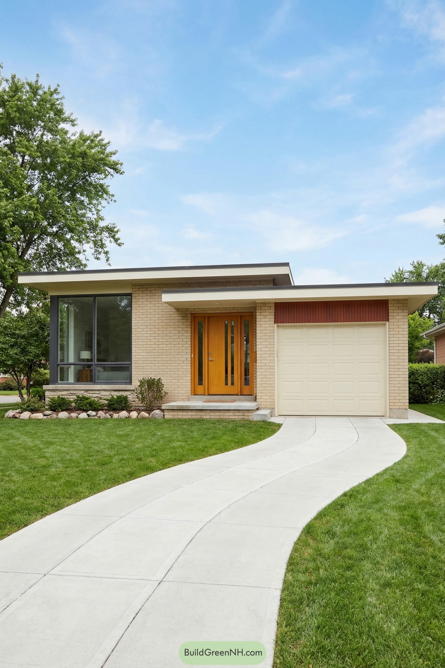 Single-story midcentury home with flat roof, warm wood front door, large picture window and curved concrete driveway