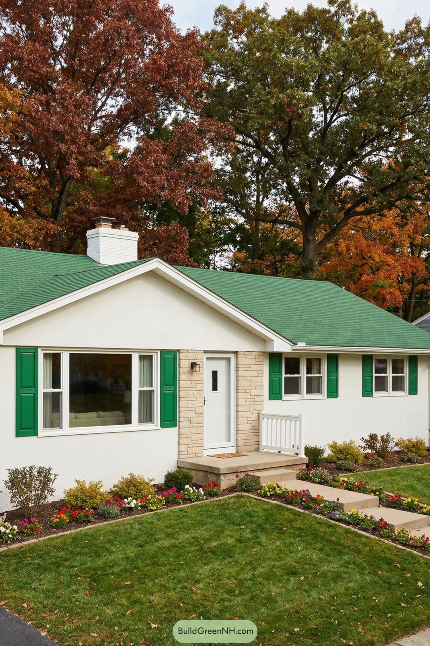 Small white ranch house with green roof and shutters, stone entry, and colorful flower beds