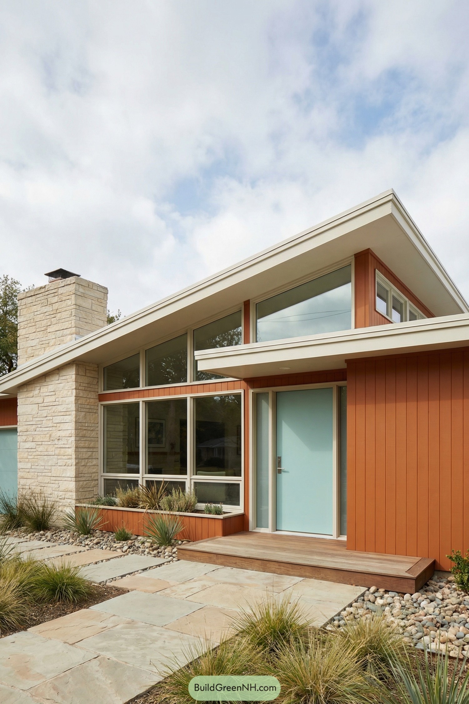 Midcentury style house with sloped roof and aqua front door