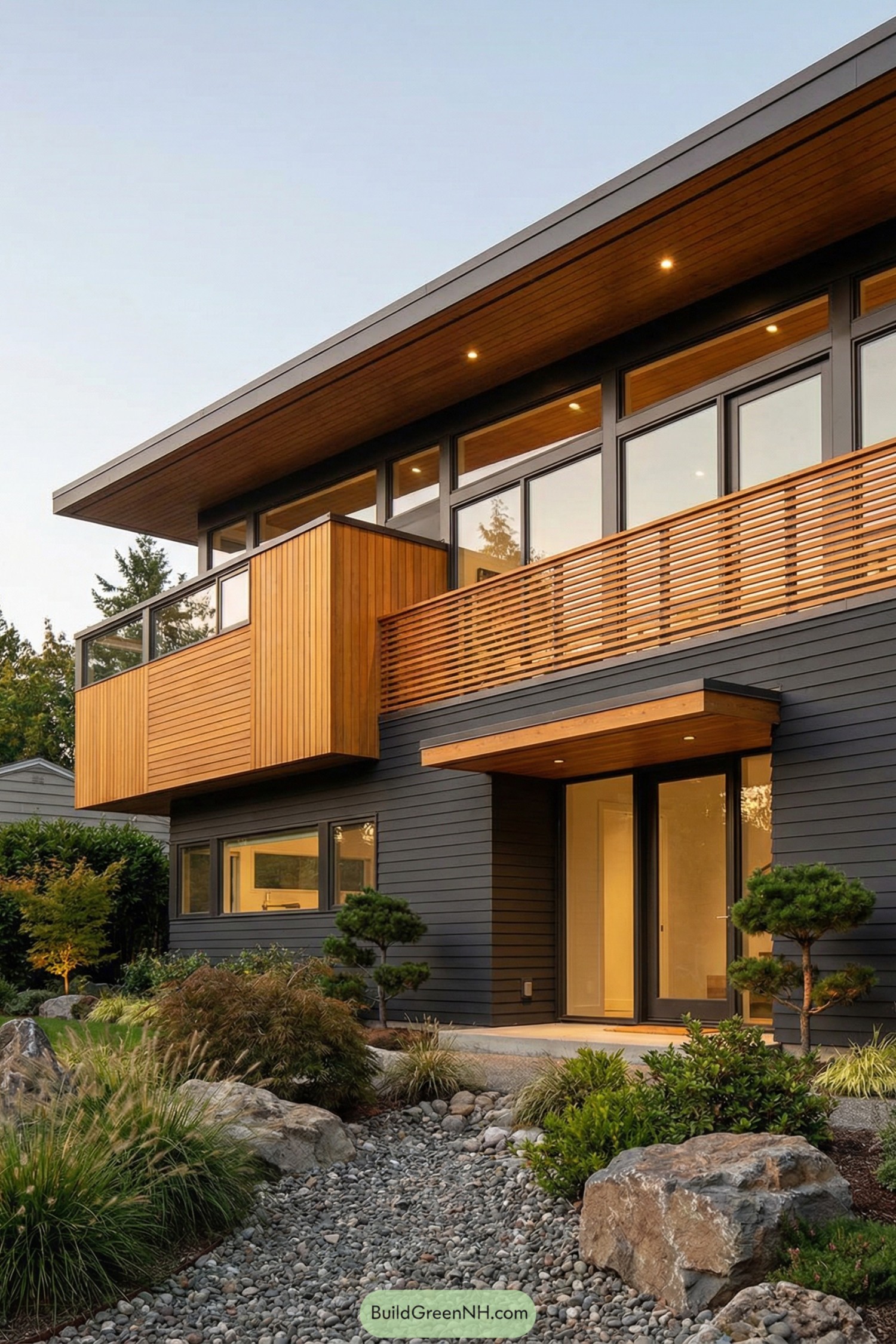 Modern two-story home with dark siding, warm wood accents, and large windows overlooking a minimalist rock garden