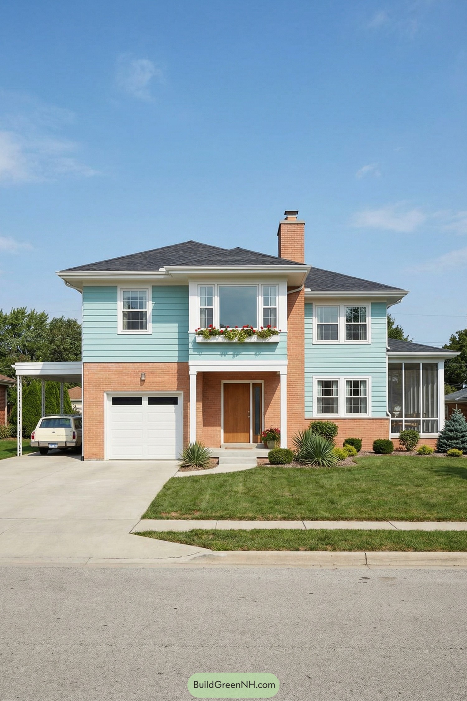 Two-story aqua and brick house with attached garage and neat front lawn