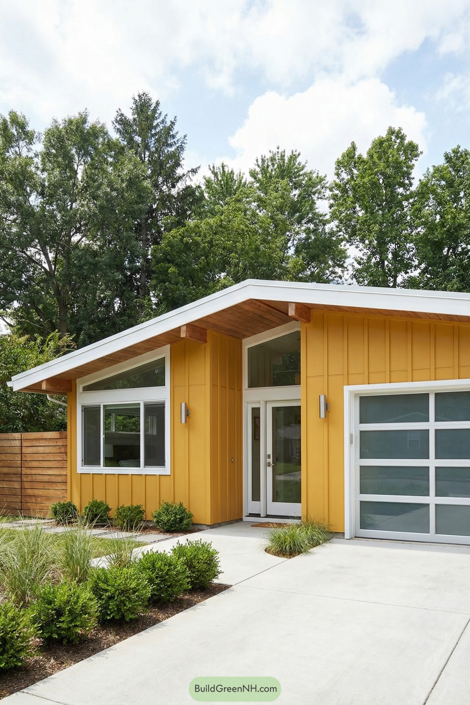 Bright yellow midcentury-style house with sloped roof, white trim, and frosted glass garage door