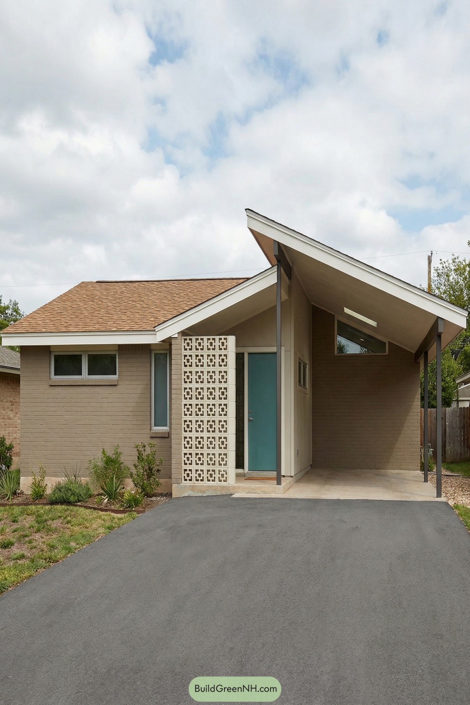 Midcentury-style home with breezeblock screen and angled carport roof
