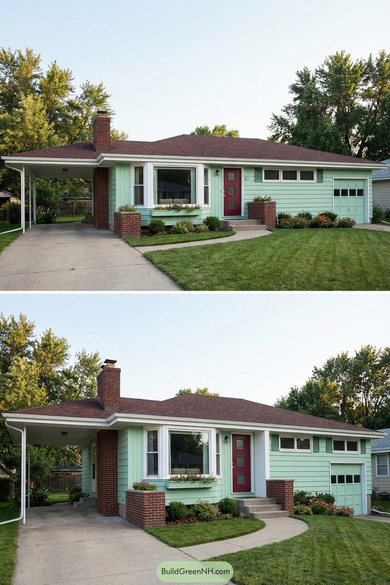 Mint green midcentury ranch house with red accents and attached carport