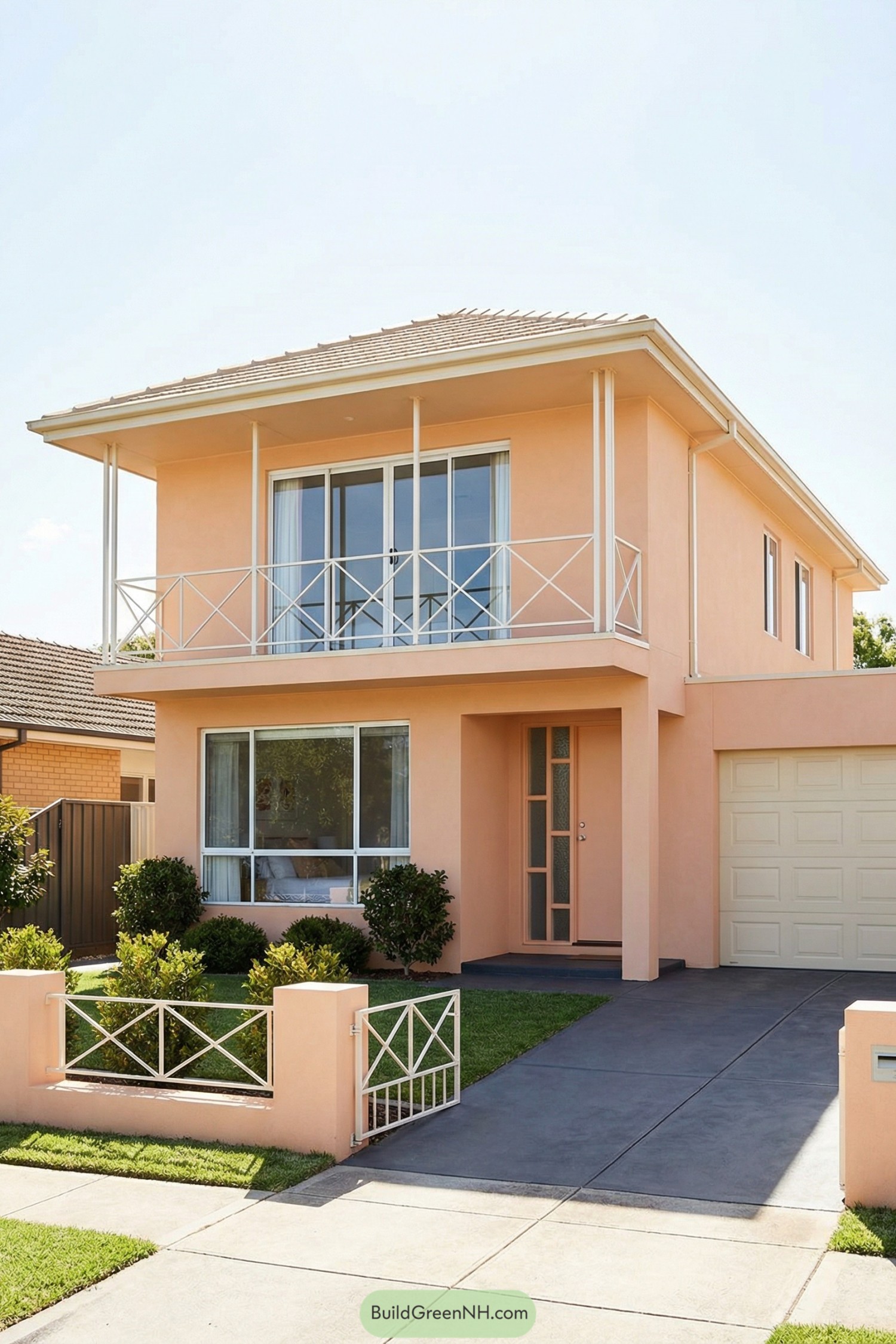 Two-story peach house with white balcony railings and neat front lawn