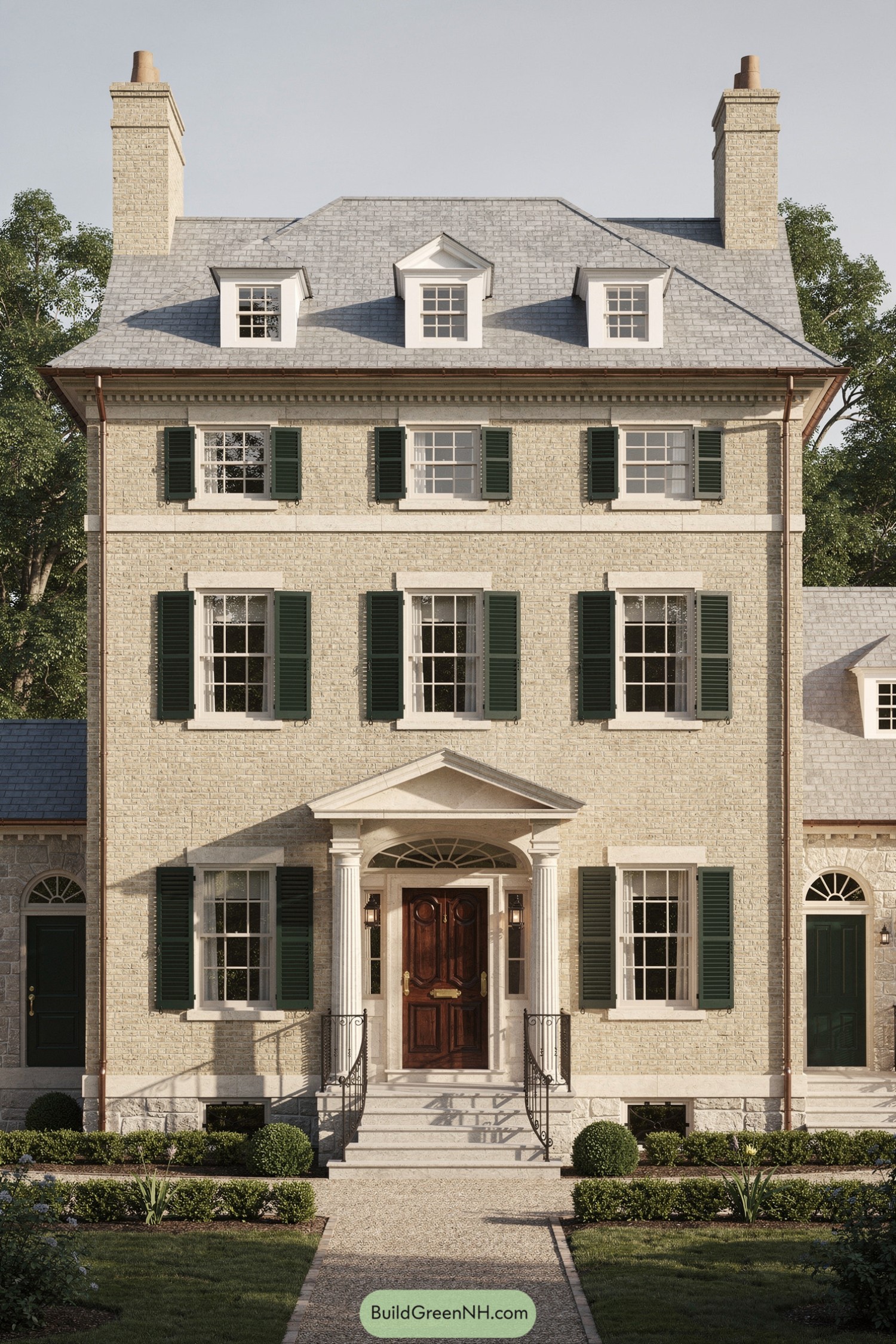 Tall brick townhouse with green shutters and columned front entry