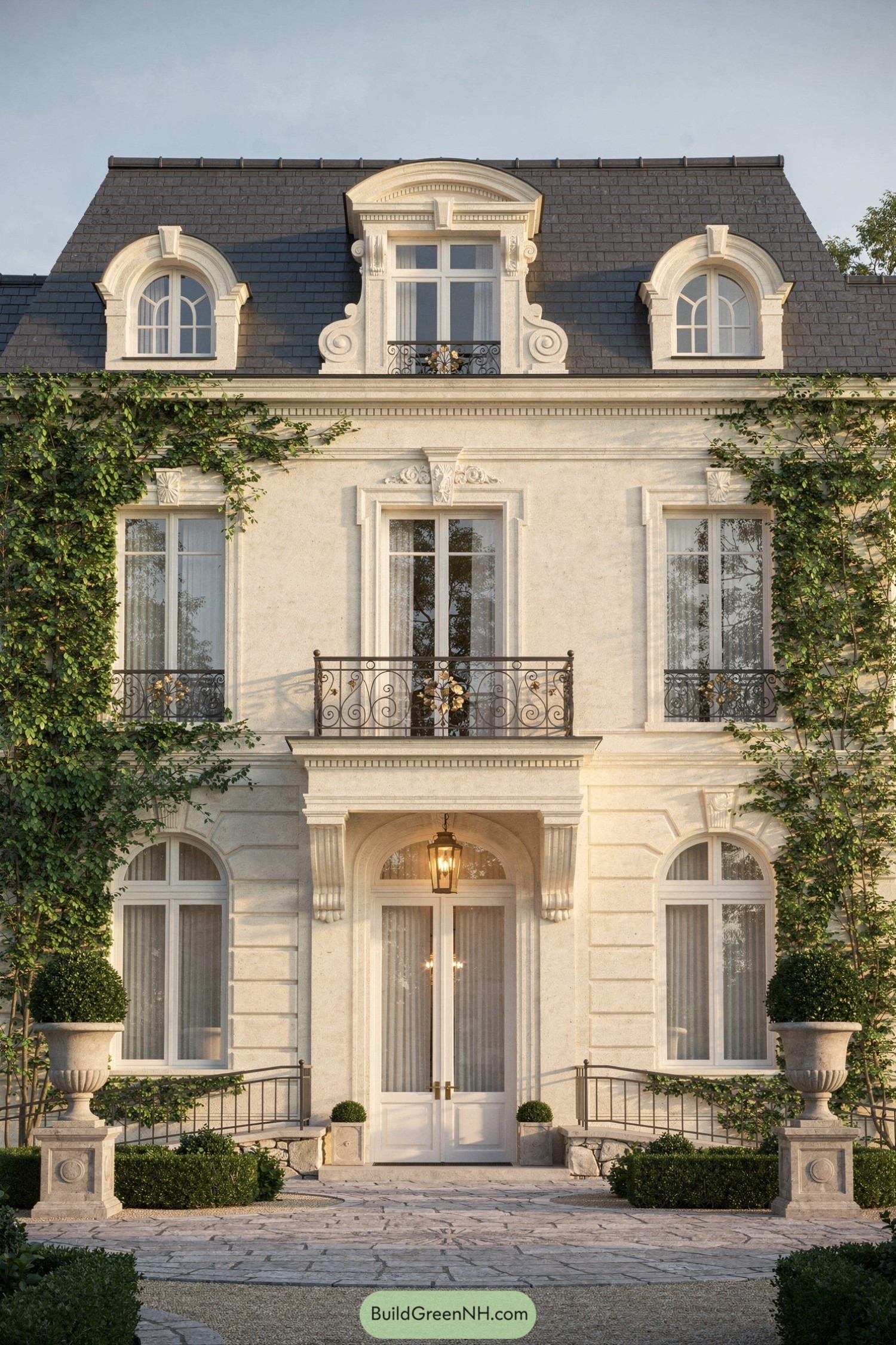 Elegant cream stone townhouse with slate roof and wrought iron balconies