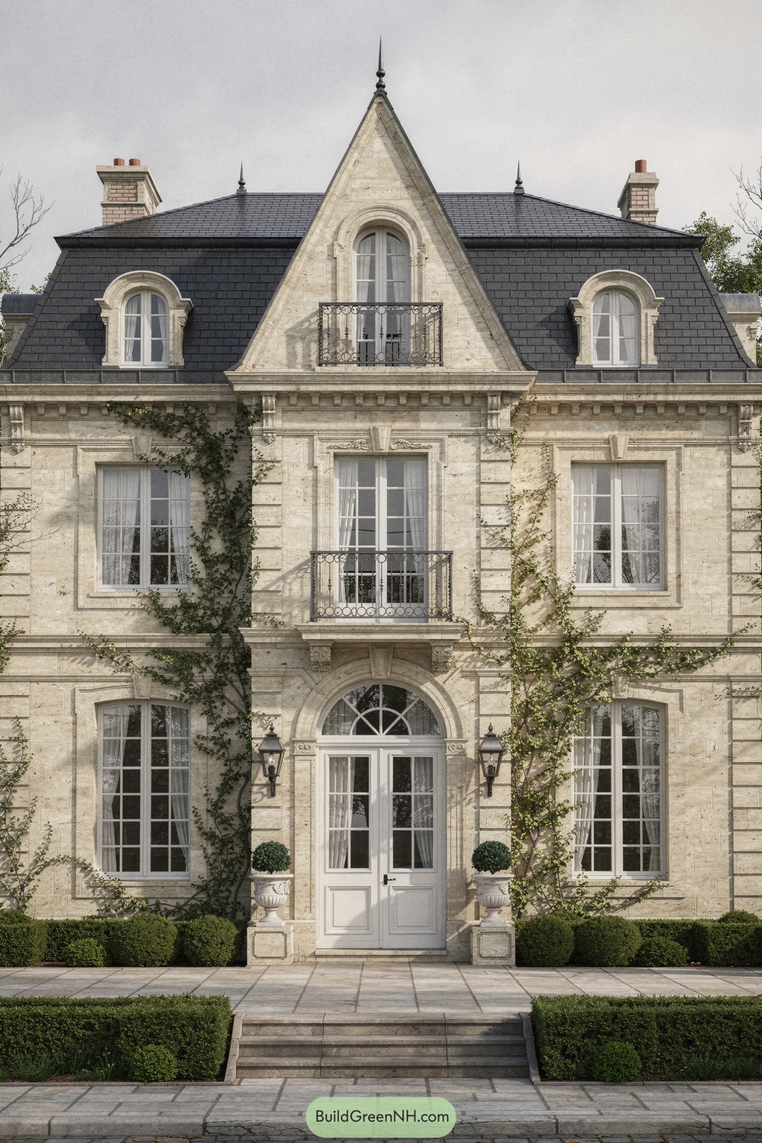 Elegant limestone townhouse with mansard roof and ivy