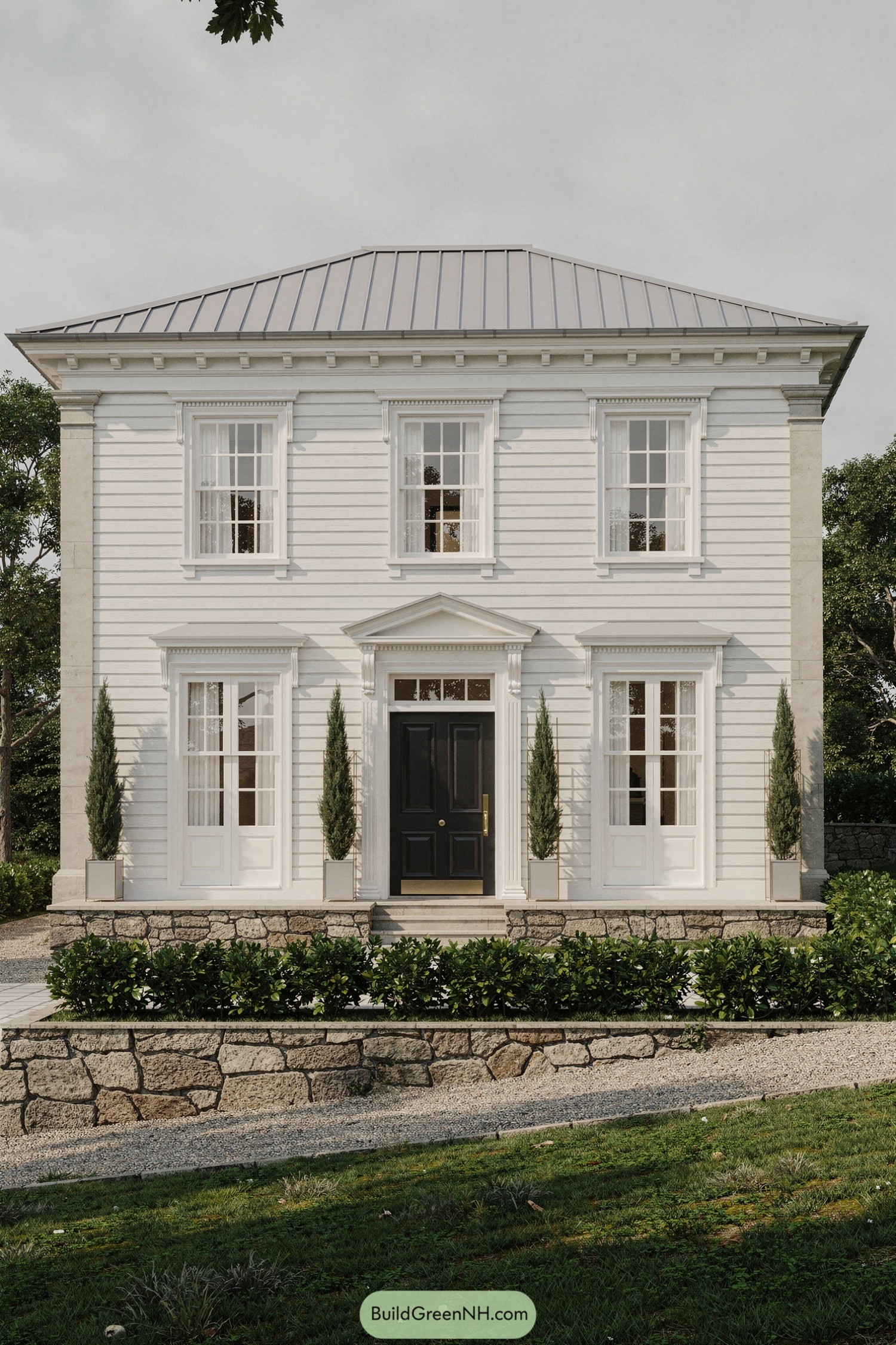 Symmetrical white two story Georgian house