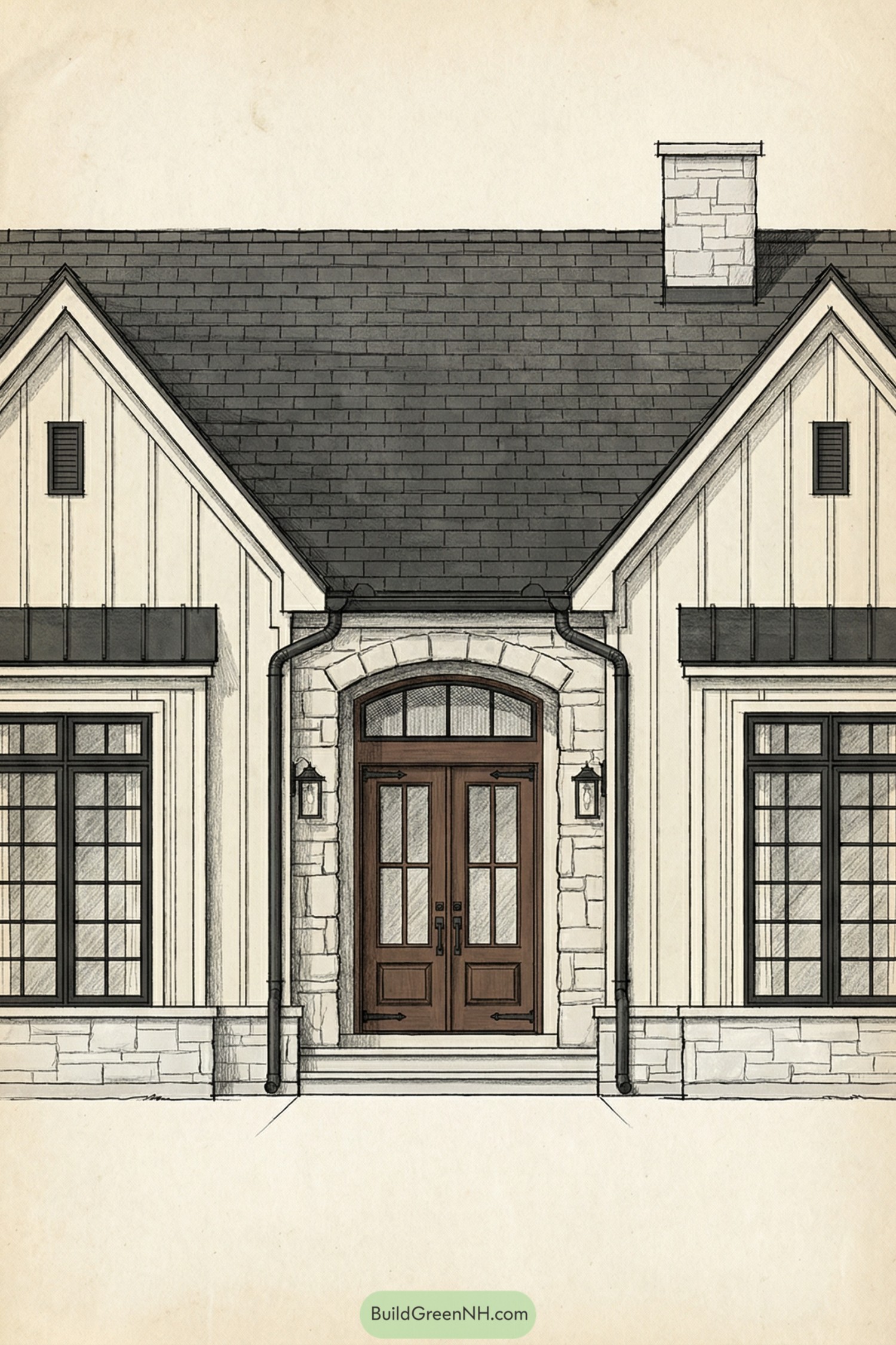 Front elevation sketch of a modern cottage with stone arched entry and gabled roof