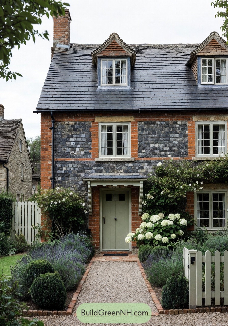 Charming English cottagecore home with a brick-and-flint façade typical of southern counties, featuring crisp brick quoins and patterned knapped flint panels; colors of deep russet brick, glossy charcoal flint, and soft ivory joinery; two-storey rectangular form with a central gable and a modest rear projection implied by roof overlap; constructed of red brick dressings with flint infill and stone lintels; steep roof clad in dark slate with a tall, slightly tapered chimney in matching brick; white-painted casement windows with small panes and subtle arched brick heads; front door in muted sage with a simple canopy supported by decorative brackets; a straight gravel path meets a small brick apron and a low picket fence with a matching gate, with brick edging guiding the planting beds; garden includes clipped lavender mounds, white hydrangeas, and climbing clematis against the flint; the setting shows a quiet village lane with stone cottages receding in soft focus; scene captured in gentle overcast light emphasizing texture and contrast, single real-life photo, high-resolution, architectural photography, soft lighting, cinematic composition, strictly no collages.
