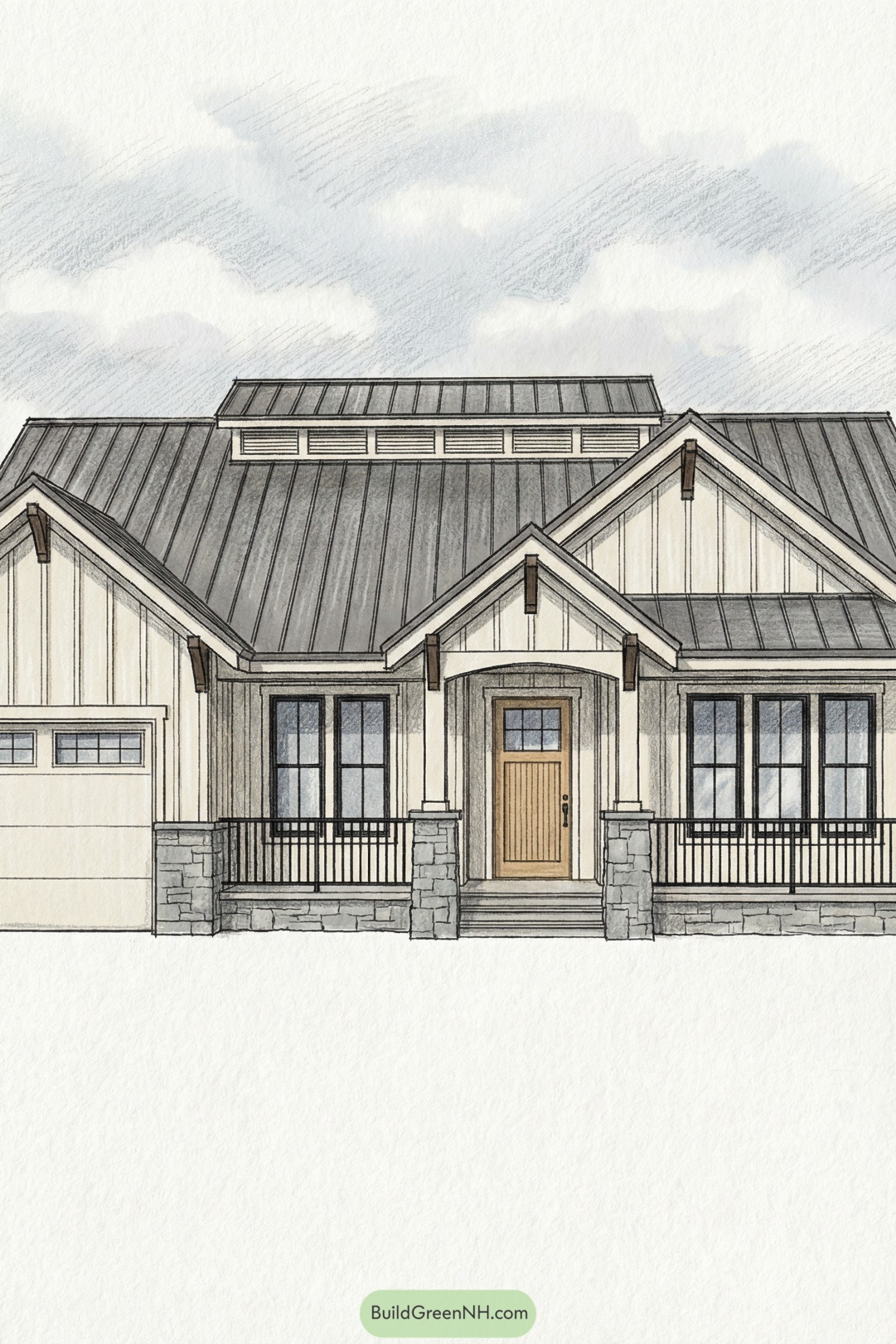 Clean-lined cottage-modern facade with a centered front gable over an inset porch and a matching gable over a left-side garage volume, maintaining symmetry through roof rhythm; palette of soft white board-and-batten, cool gray stone piers, and matte black roof with subtle wood brackets; massing is broad and low with emphasized gable geometry; materials show painted cladding, chunky stone columns, and black steel porch rail; roof uses charcoal metal panels with crisp standing seams and a vented ridge; windows are grouped in three-panel assemblies with black frames and minimal muntins; door is a light oak, vertically grooved panel with a small square vision lite; drawn architecture sketch, high-definition, strictly no collages.