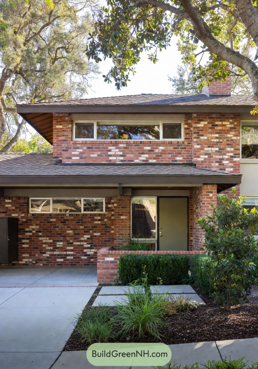 Two story brick house with long horizontal windows a covered entry and simple front garden
