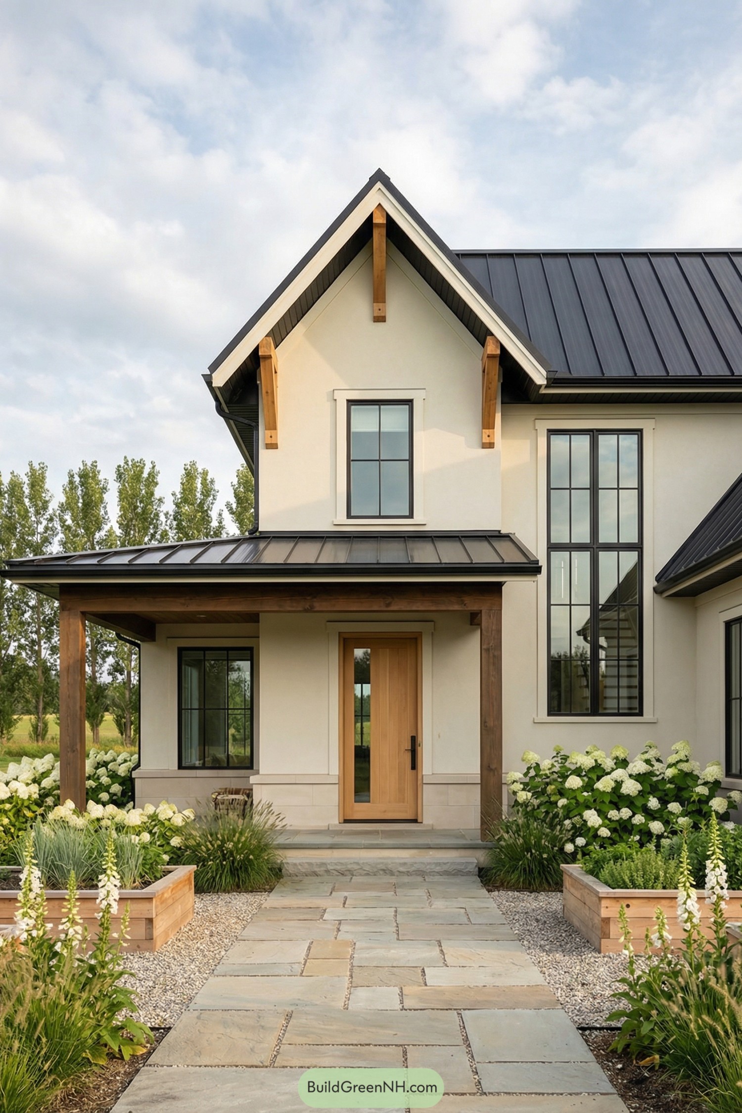 Modern cottage with metal roof, tall windows, and lush front garden