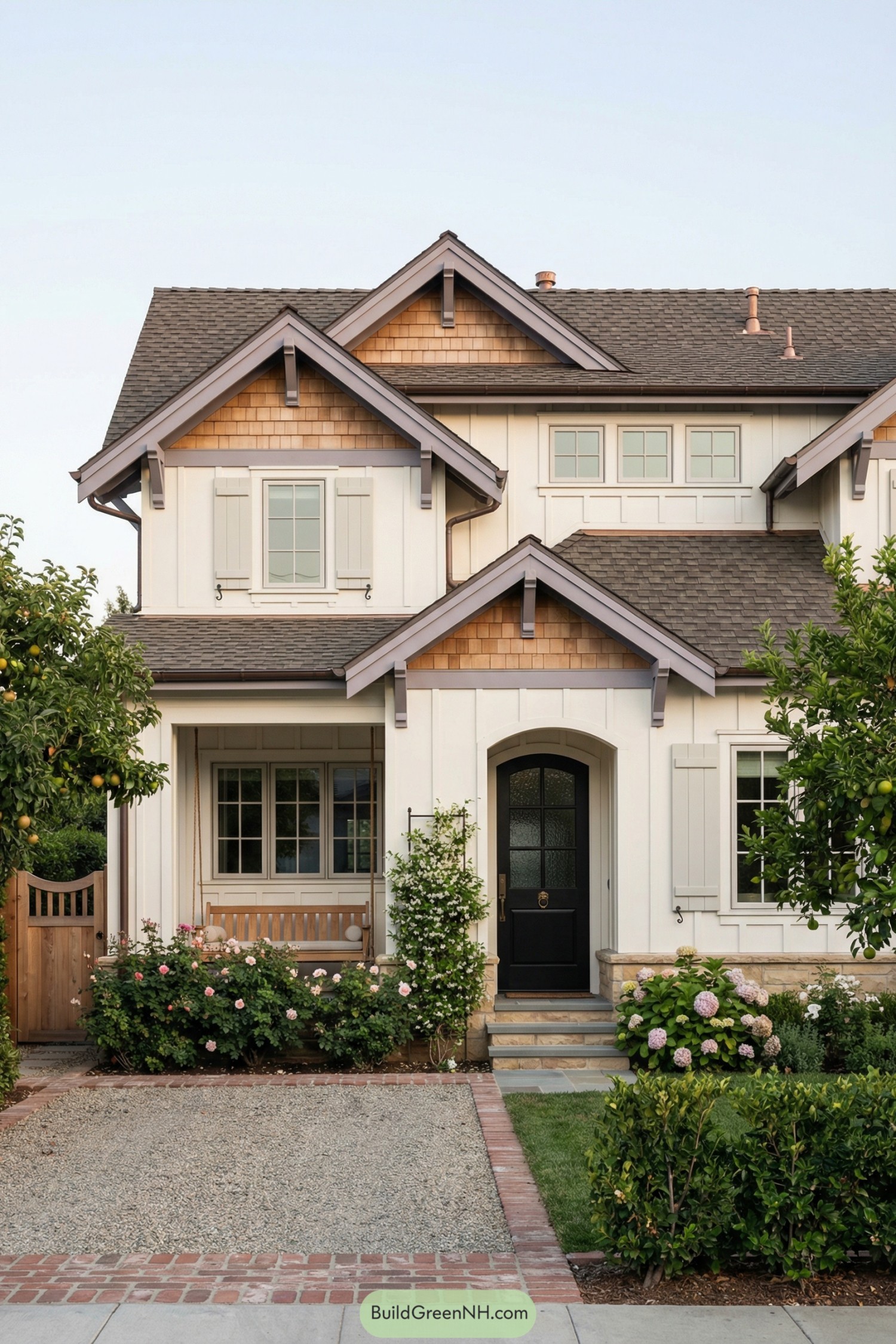 Contemporary cottagecore facade with layered gables, simplified corbels, and a prominent porch swing bay, painted warm white with dusty lavender-gray accents and black hardware, two-story core with a one-story porch volume spanning the front, materials mixing board-and-batten on the main body with cedar shingles in gable ends and a sandstone base course, charcoal-brown composite shingle roof with a clean ridge and small copper vent caps, evenly spaced divided-light windows with subtle pale-gray shutters and a trio of clerestory panes on the upper level, a black arched-top door with divided-light glazing and a brass knocker, brick-edged gravel drive leading to a short bluestone stair and side garden gate, landscaping featuring thick rose bushes, pale pink hydrangeas, and climbing jasmine on a freestanding trellis, perimeter of mature fruit trees and a low hedge framing the scene, soft late-afternoon illumination with warm highlights on wood accents, single real-life photo, high-resolution, architectural photography, soft lighting, cinematic composition, strictly no collages.
