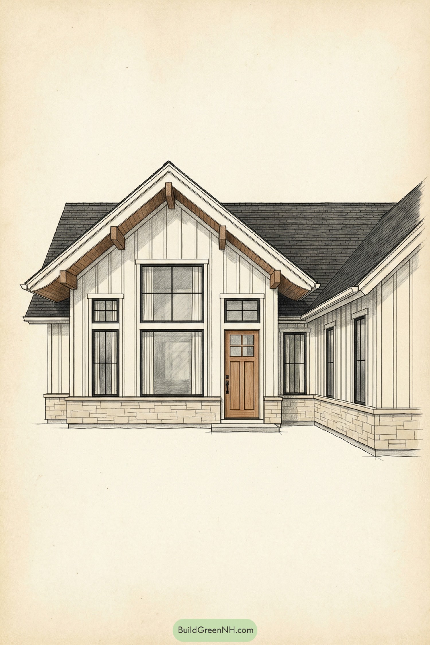 Modern cottage sketch with tall gable, vertical siding, stone base, and wood front door