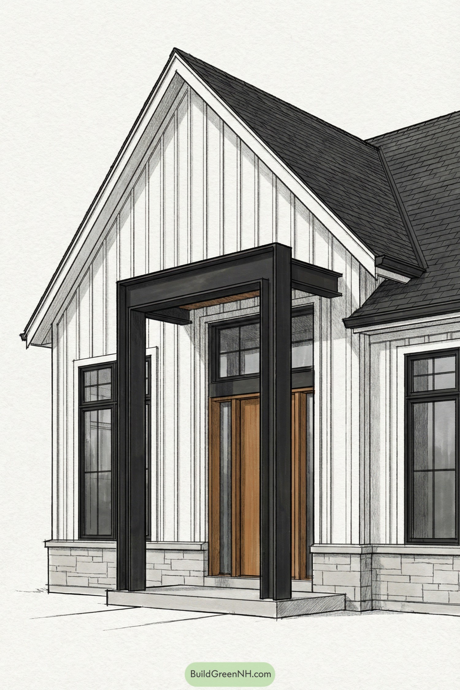 Modern cottage entry with tall black frame