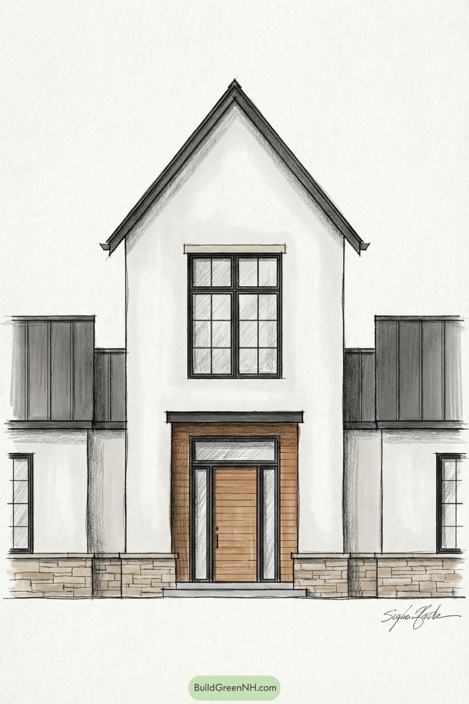 Modern cottage sketch with tall central gable and wood framed entry